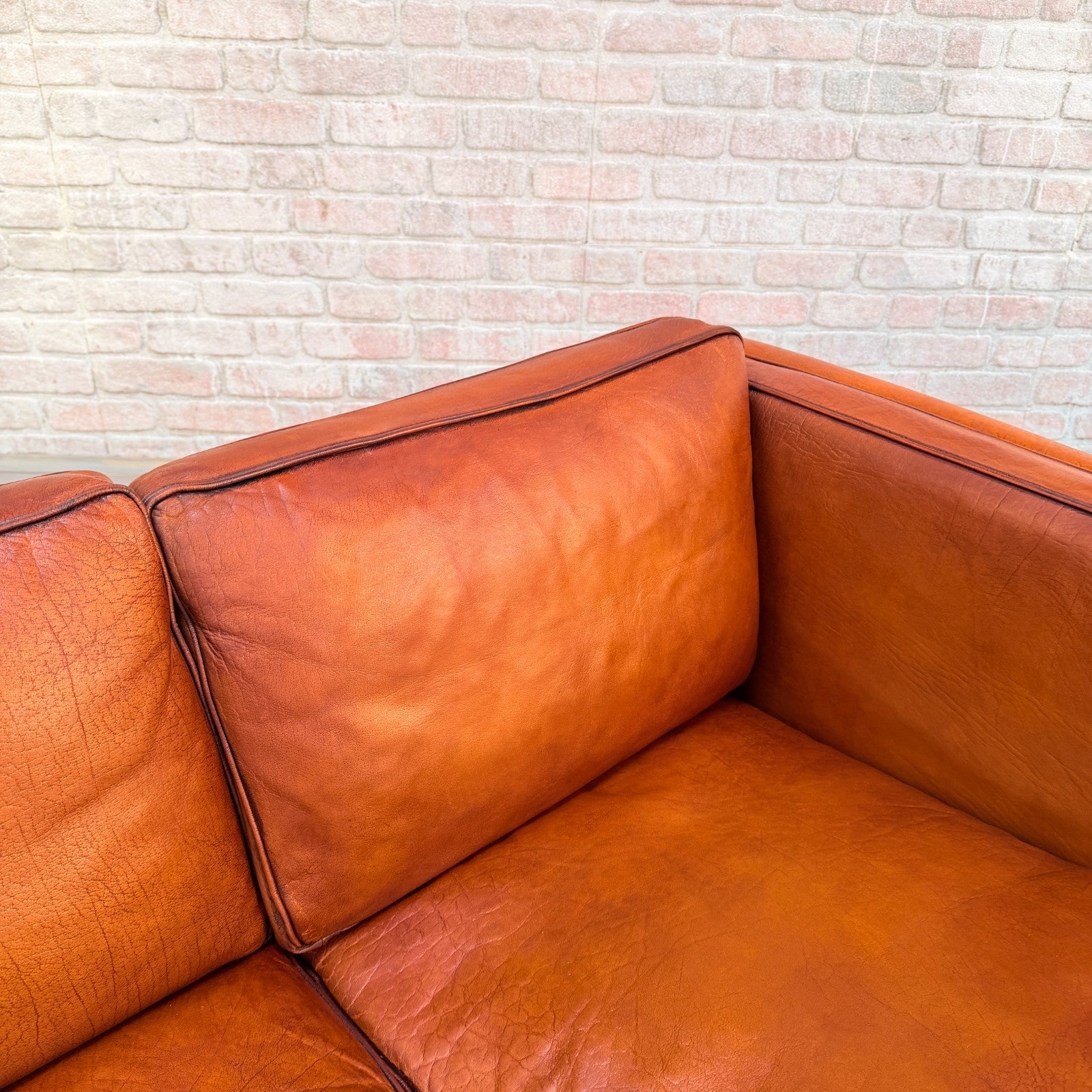 Vintage Danish Tan Leather 2 Seater Sofa Hand Dyed Buffalo Leather Patina