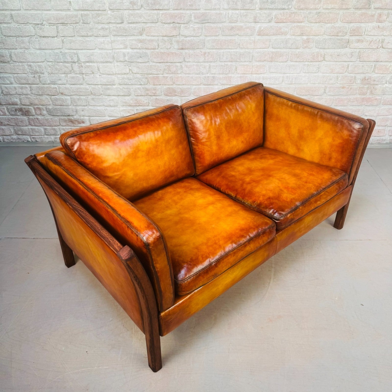Vintage Danish Stouby Tan Leather Two Seater Sofa