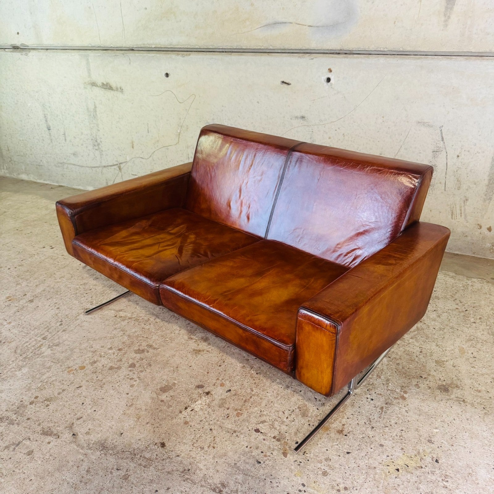 Vintage Danish Mid-Century Tan Leather Two-Seater Sofa by Danerka