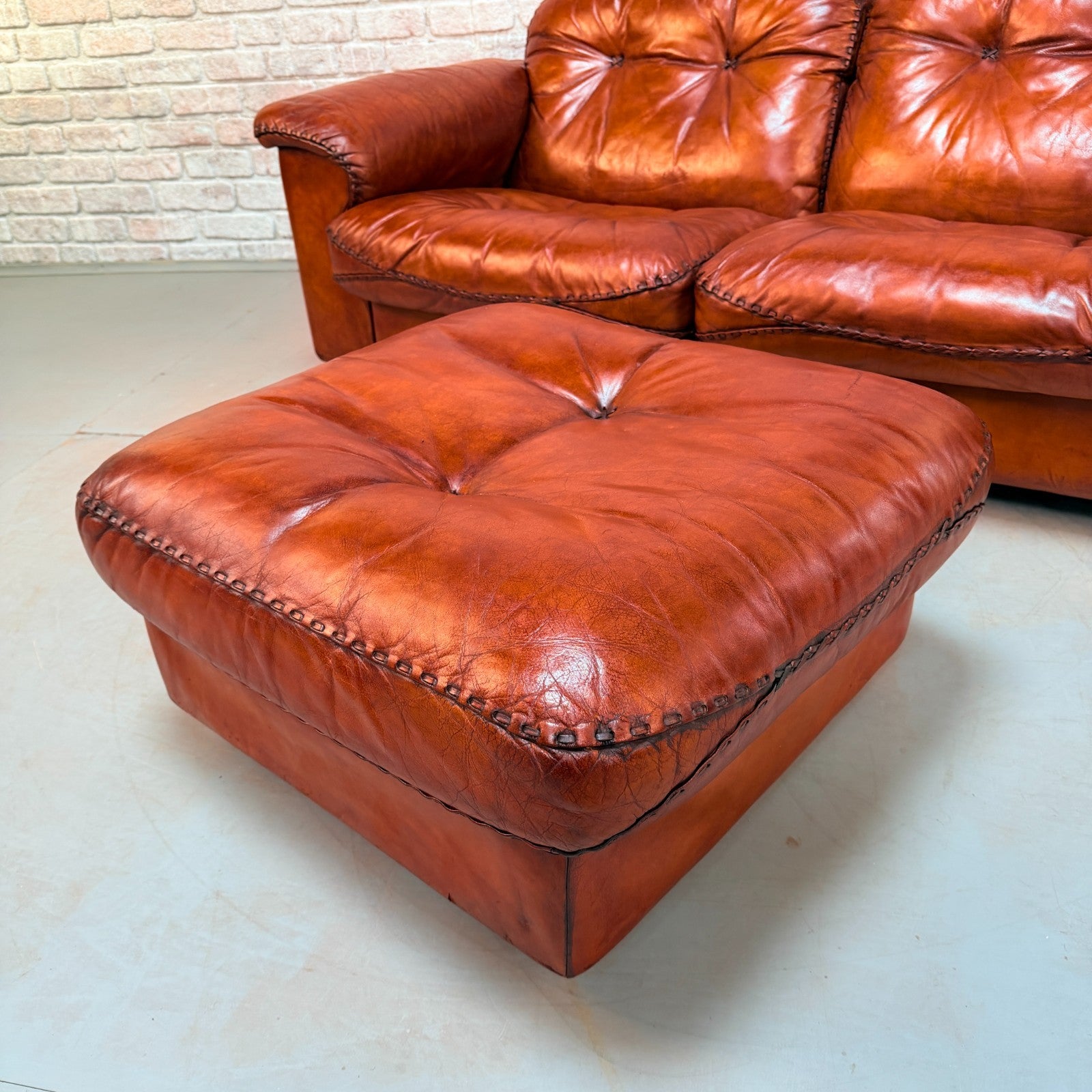 Vintage 70s De Sede DS-101 Two Seater Sofa & Footstool Cognac Leather Switzerlan