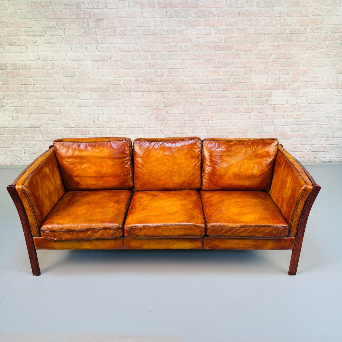Vintage Danish Tan Leather 3 Seater Sofa – Hand Dyed Beautiful Patina