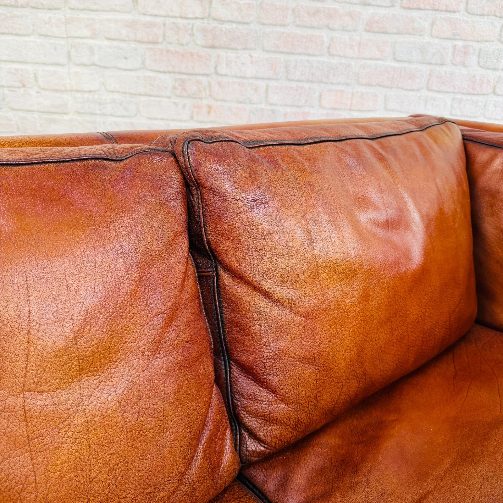 Vintage 1970s Danish Tan Leather Box Two Seater Sofa
