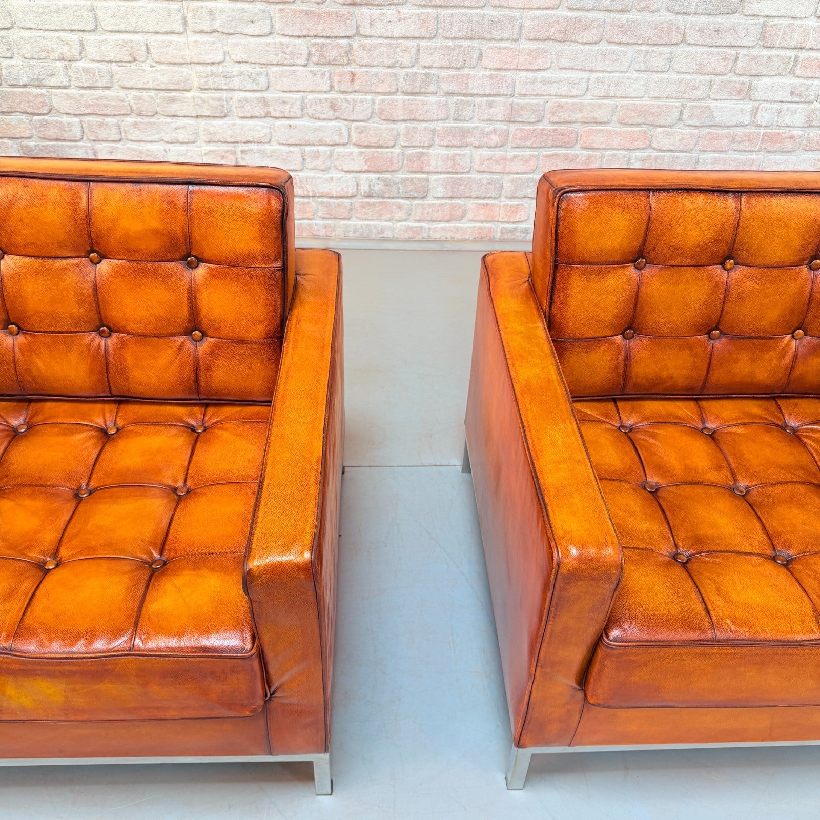 Vintage Pair of Florence Knoll Style Tan Leather Armchairs