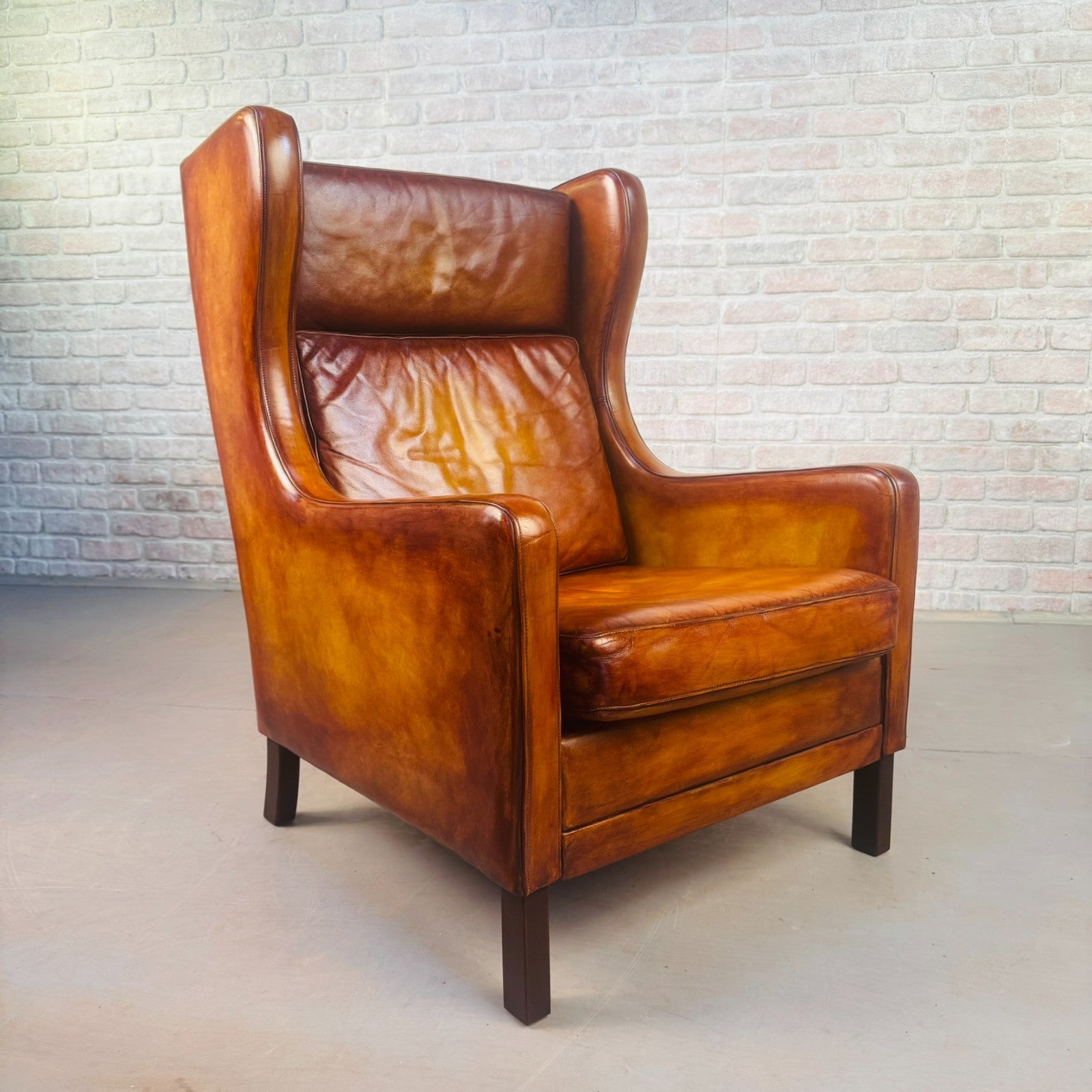 Vintage 1970s Danish High Back Tan Leather Armchair Mid Century Lounge Chair