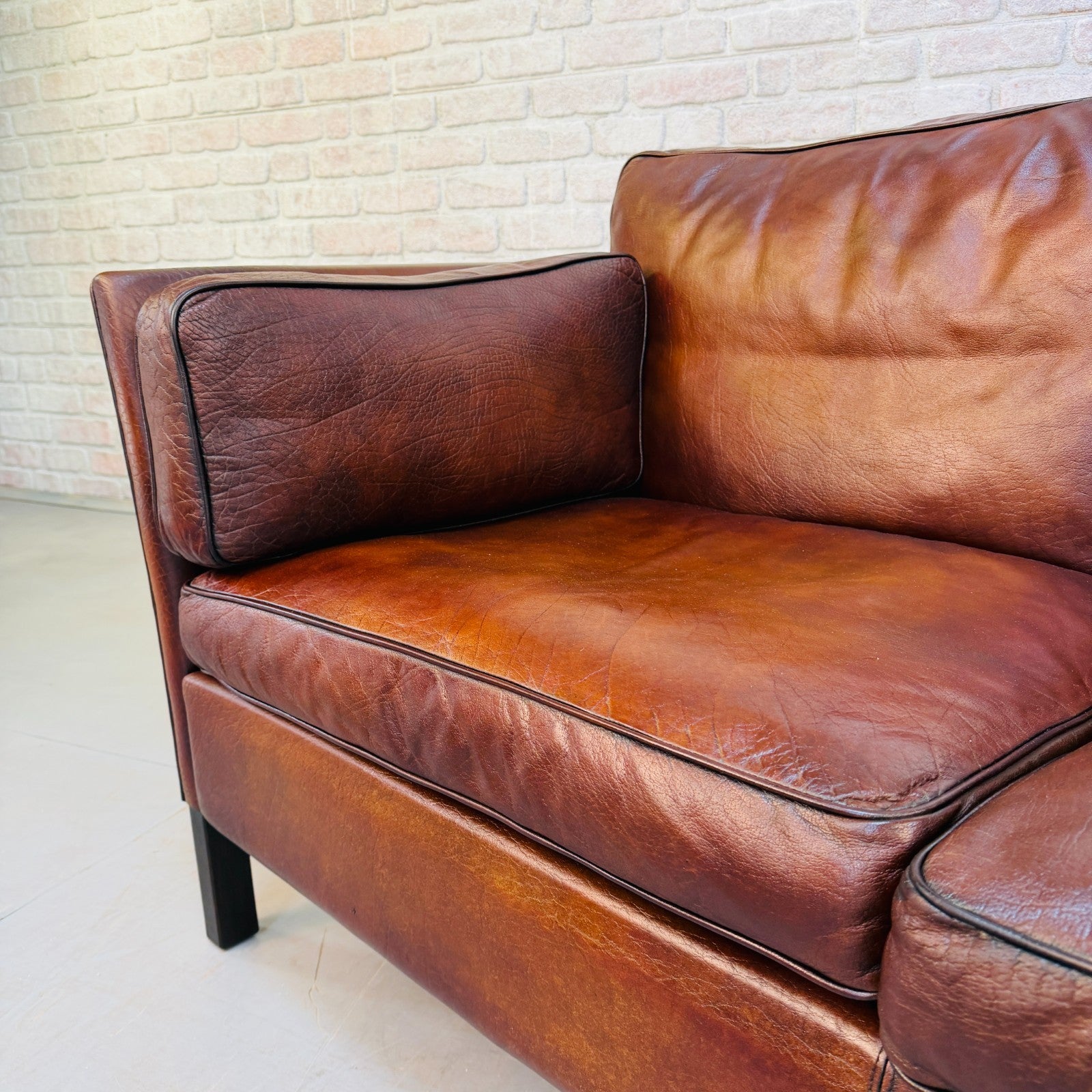 Vintage 1970s Danish Dark Tan Hand-Dyed Leather Two Seater Sofa