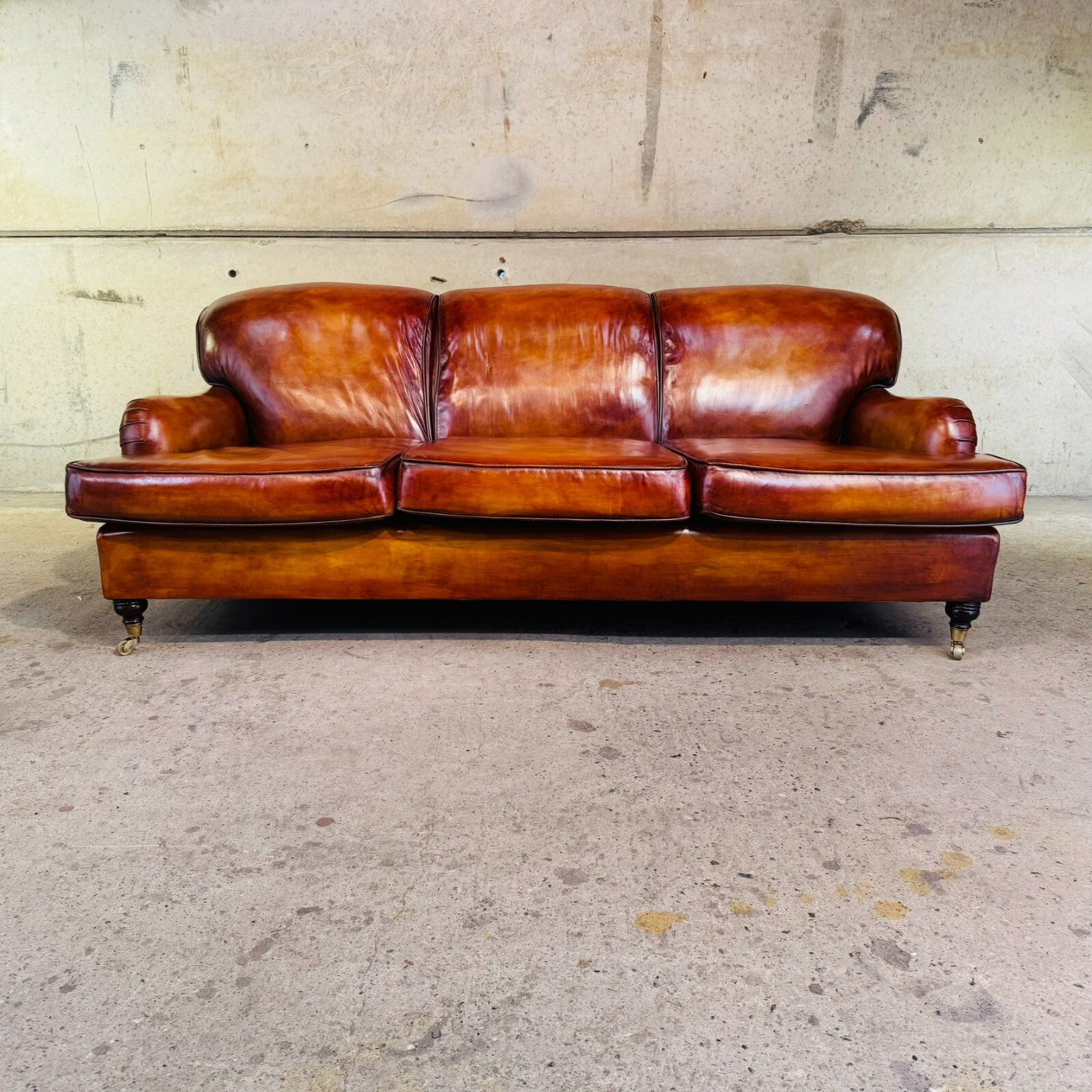 Vintage English Howard & Sons Bridgewater-Style 3-Seater Tan Leather Sofa