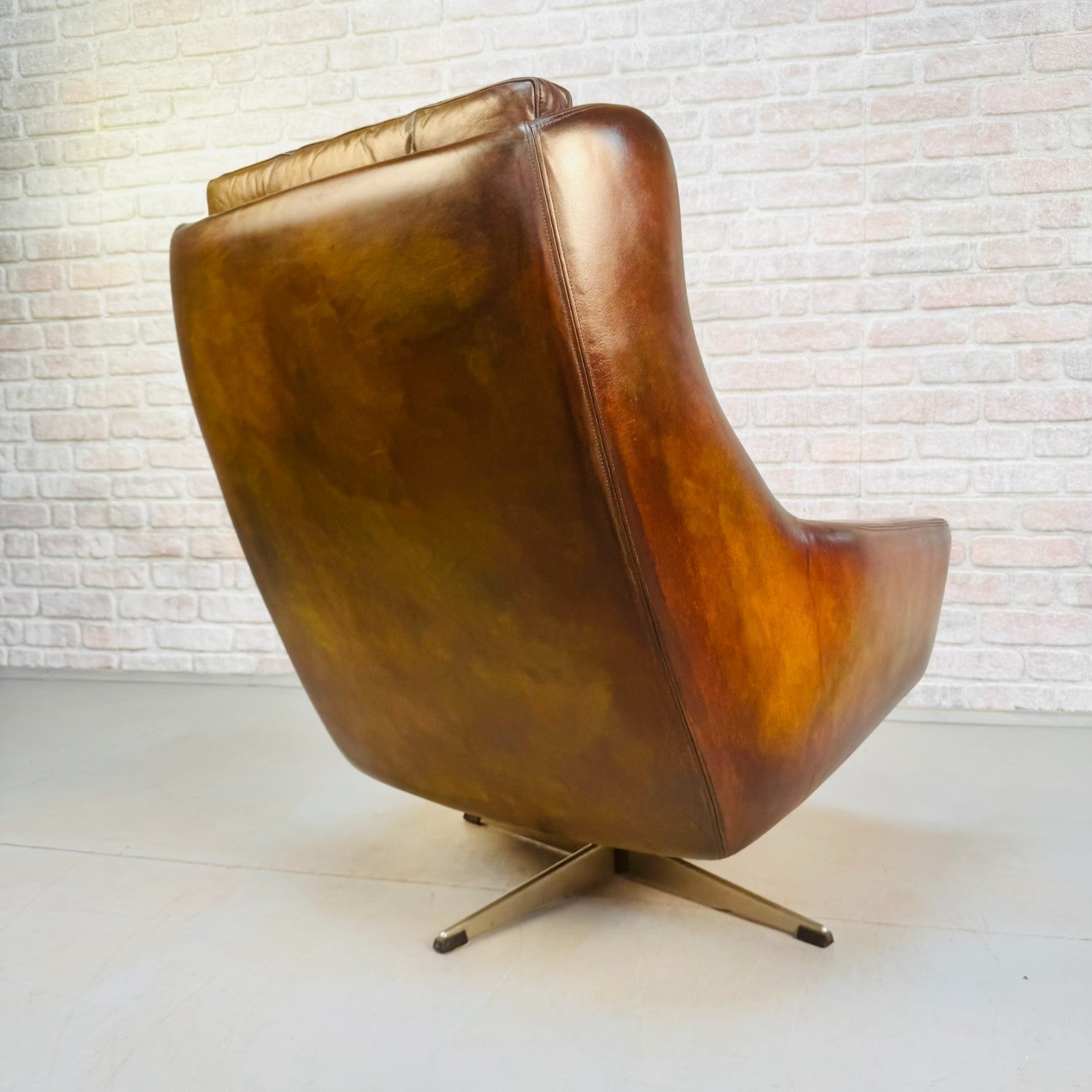 Vintage 1970s Danish Cognac Leather Egg Swivel Chair by Eran