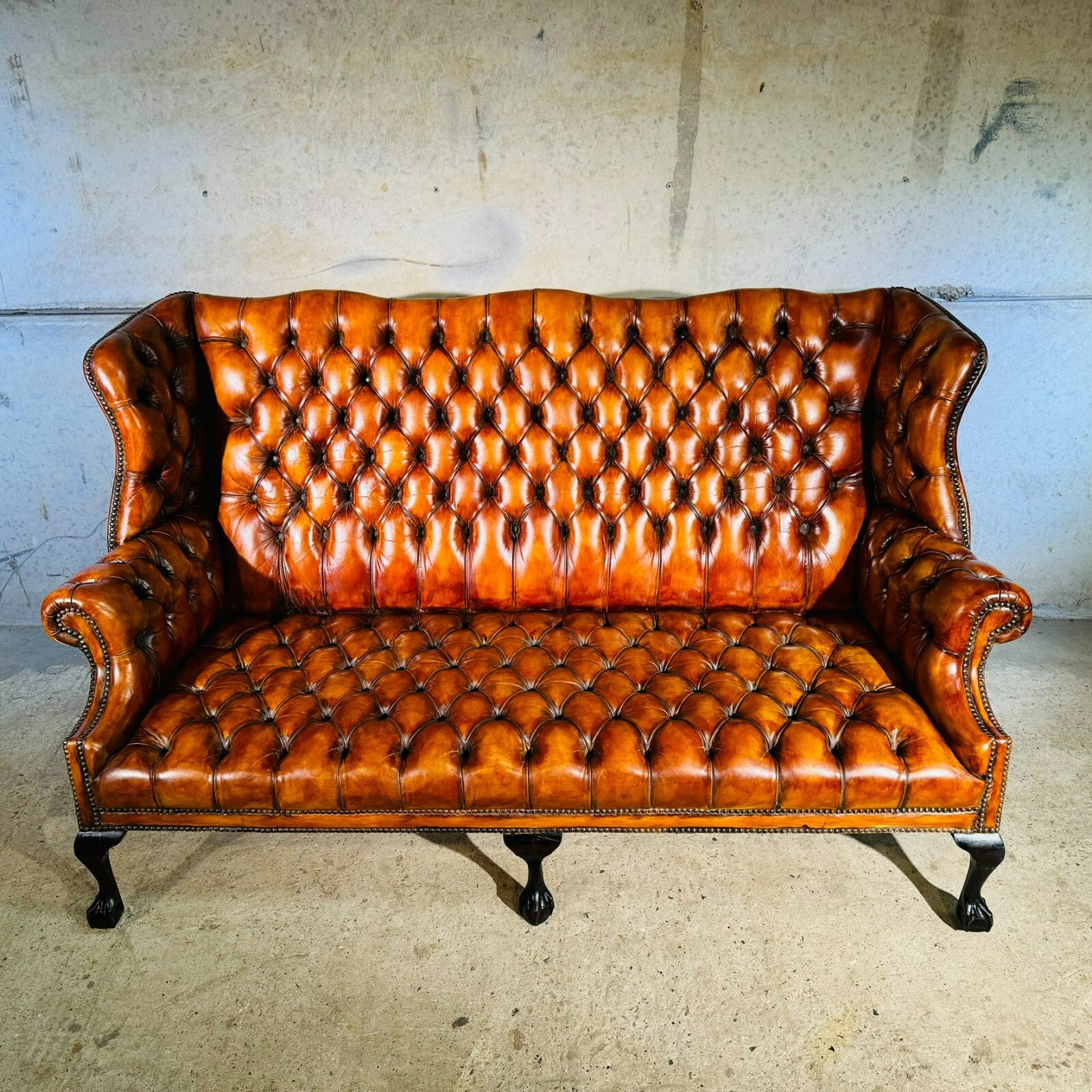 Beautiful Three Seater 19th C Tan Leather Chesterfield Sofa Fully Buttoned