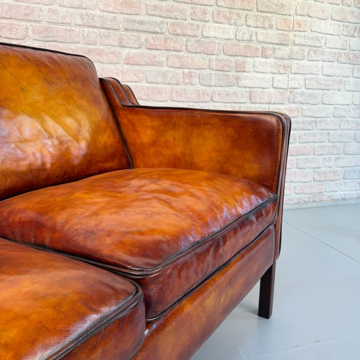 Vintage Stouby Borge Mogensen Style Tan Leather 2 Seater Danish Sofa