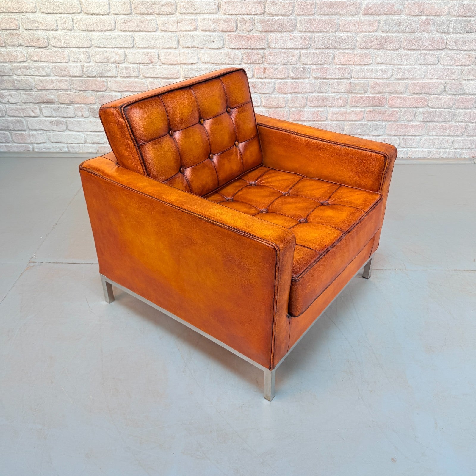 Vintage Florence Knoll Style Tan  Leather Armchair