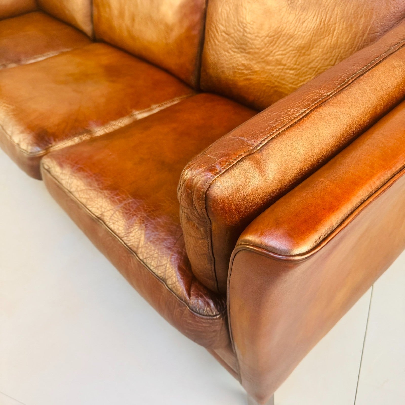 Vintage 1970s Mogens Hansen Danish Three Seater Tan Leather Sofa