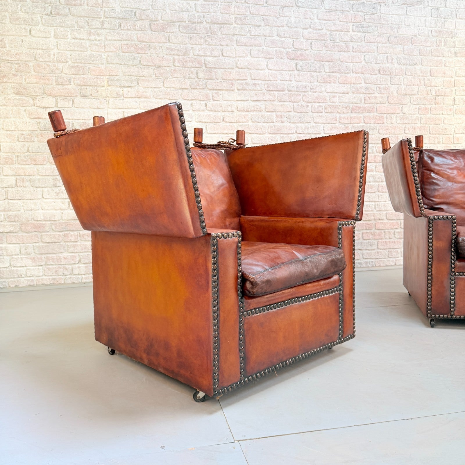 Vintage 1930s Knole Drop End Tan Leather Sofa & Armchairs Suite Antique