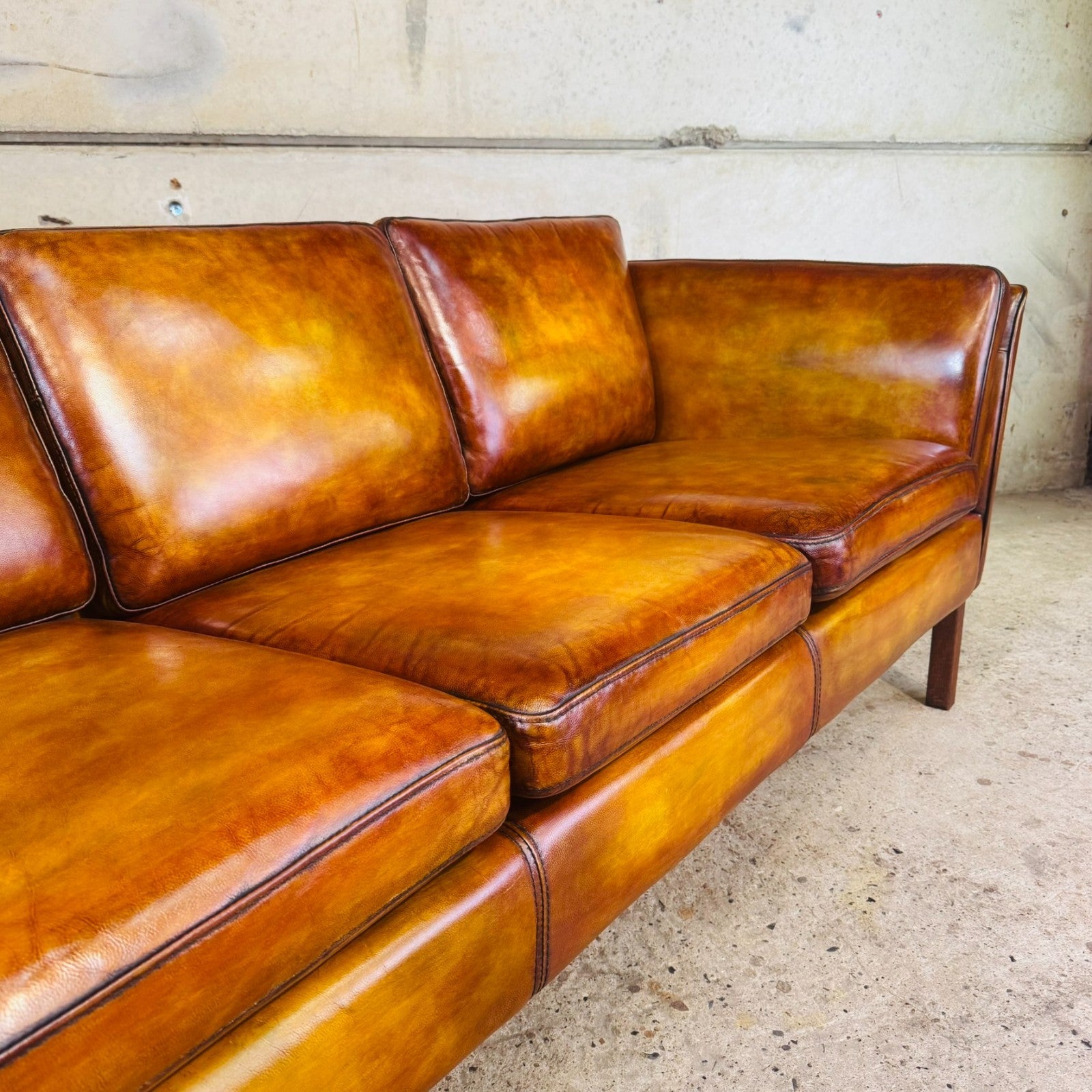 Vintage Danish Light Tan Leather Three-Seater Sofa