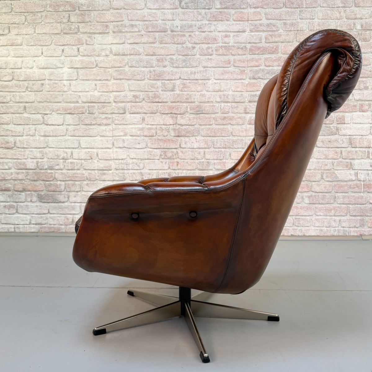 Vintage Danish Tan Leather Swivel Armchair – Hand Dyed Beautiful Patina
