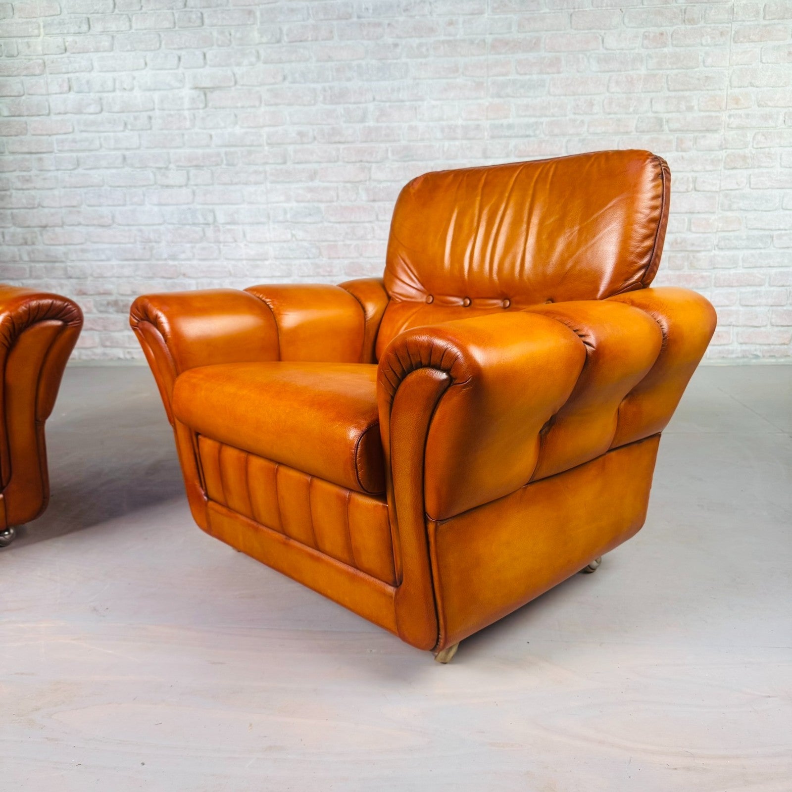 Pair of Vintage Danish Cognac Leather Armchairs – Hand-Dyed Patina