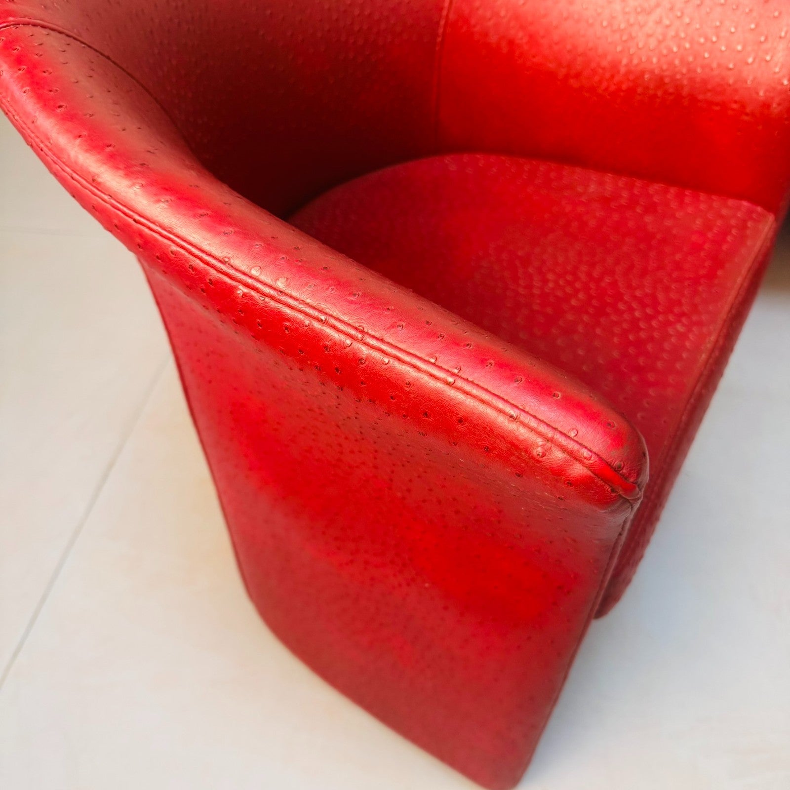 Set of Vintage Italian Red Faux Ostrich Leather Tub Chairs