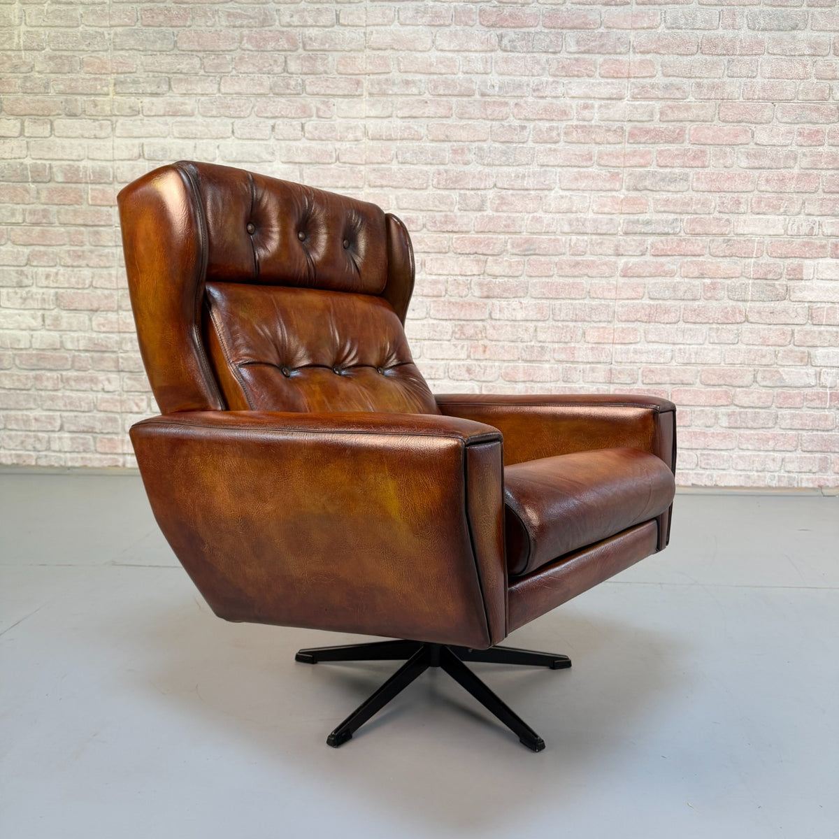 Vintage Danish Tan Leather Swivel Armchair – Scandinavian Design
