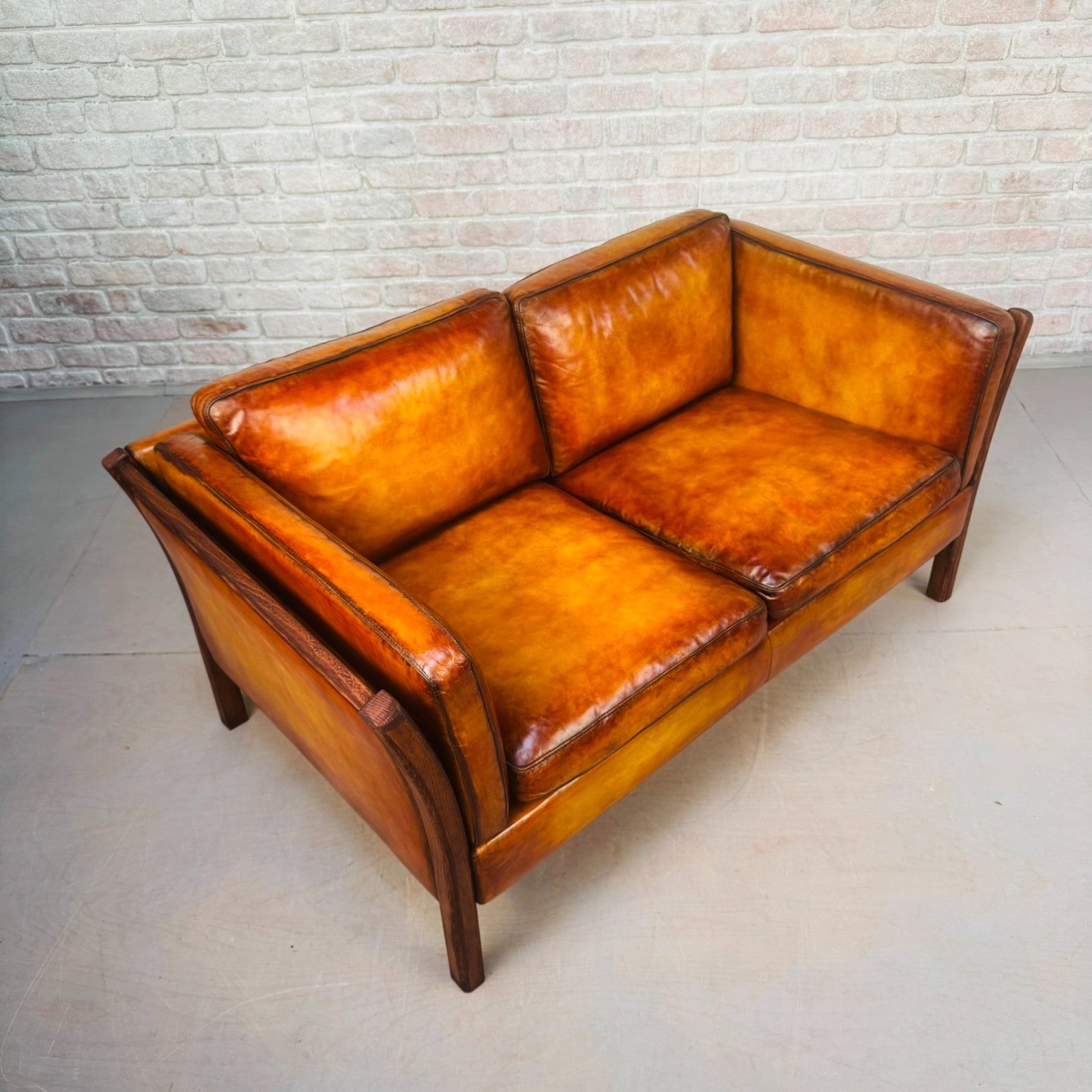 Vintage Danish Stouby Tan Leather Two Seater Sofa