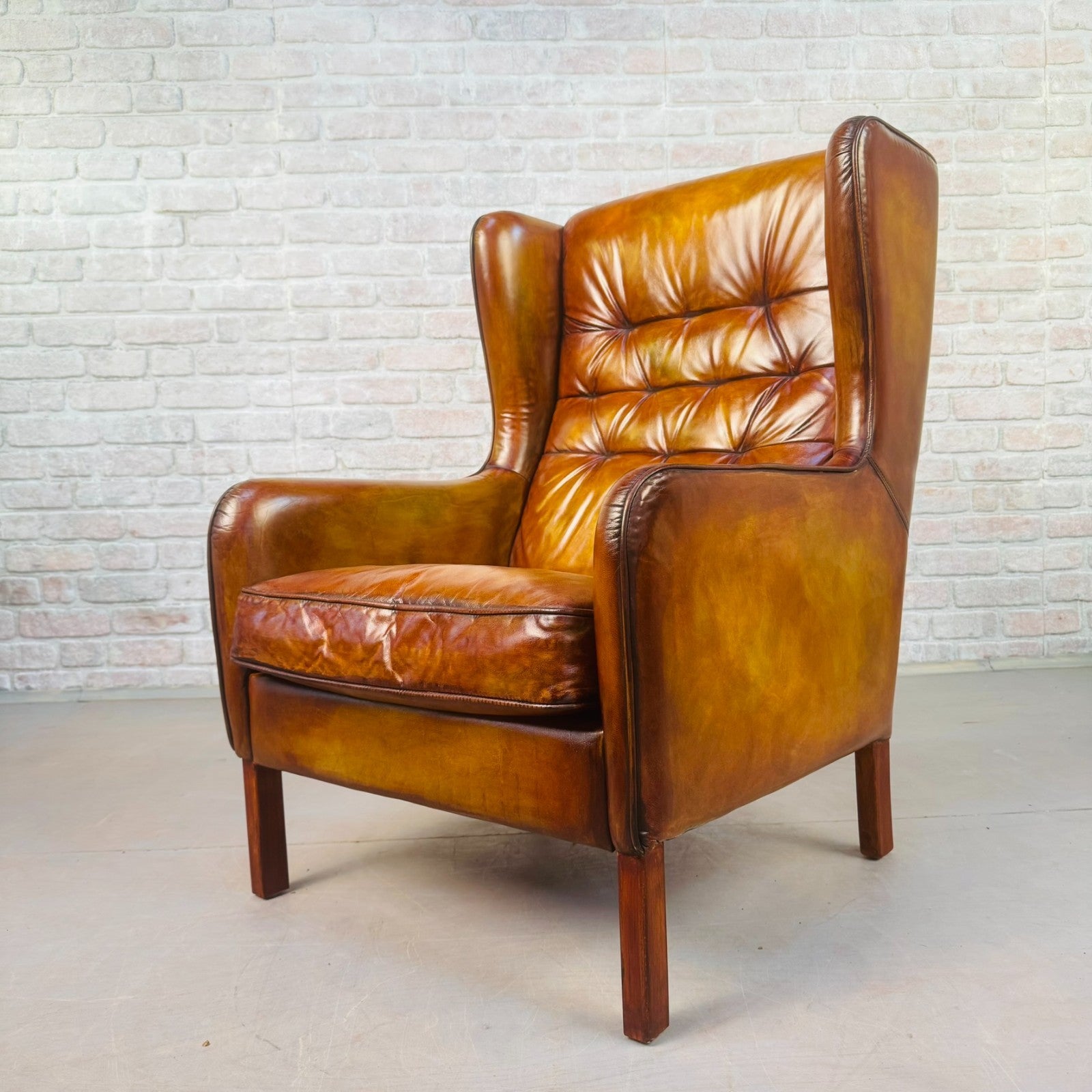 Vintage Danish High Back Light Tan Leather Armchair Mid Century Lounge Chair