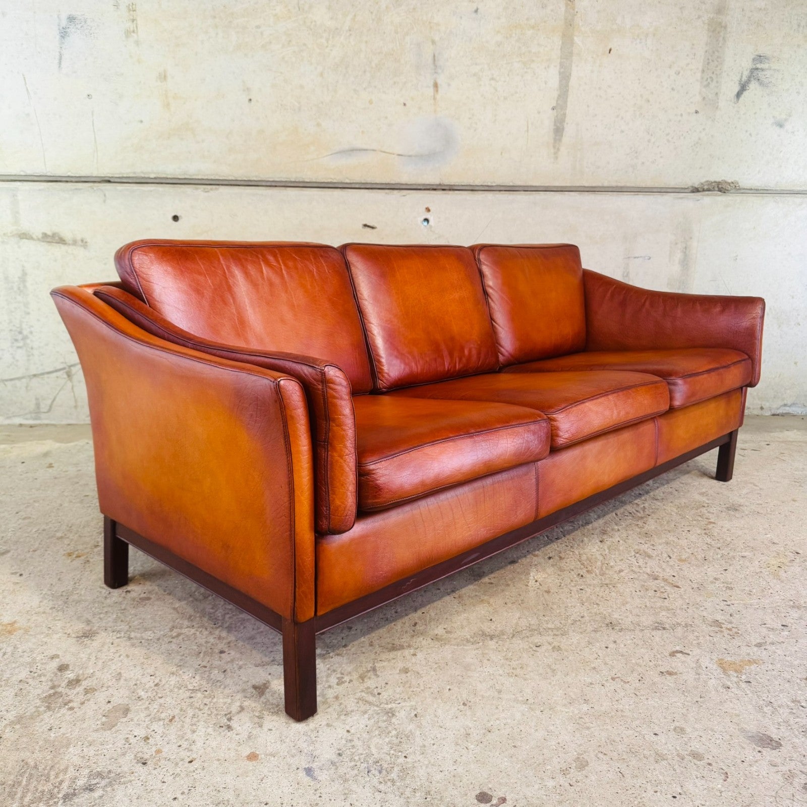 1970s Danish Cognac Leather 3 Seater Sofa — Curved Arms & Beech Plinth
