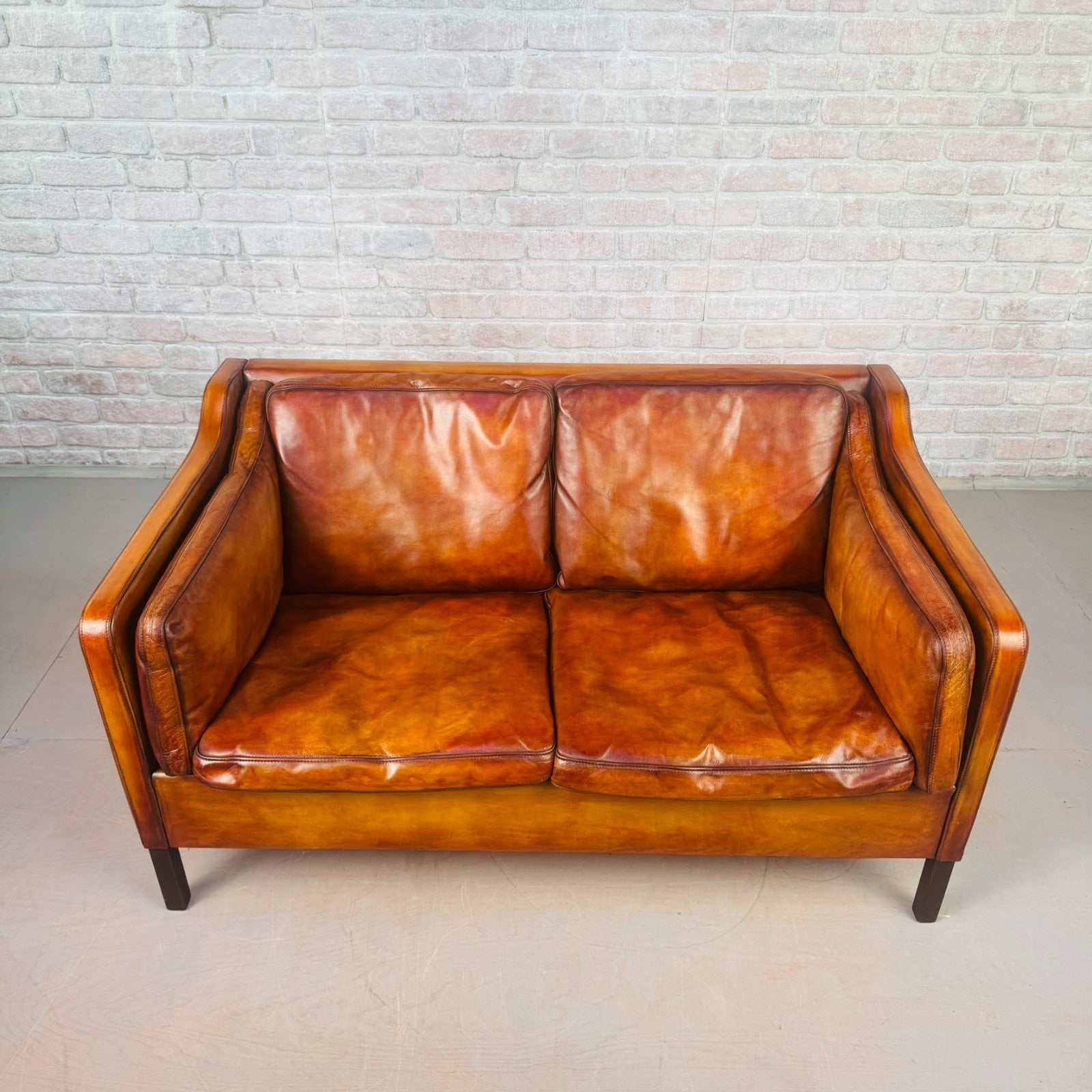 Vintage Danish Tan Leather Two-Seater Sofa 1970s Mid Century Hand Dyed