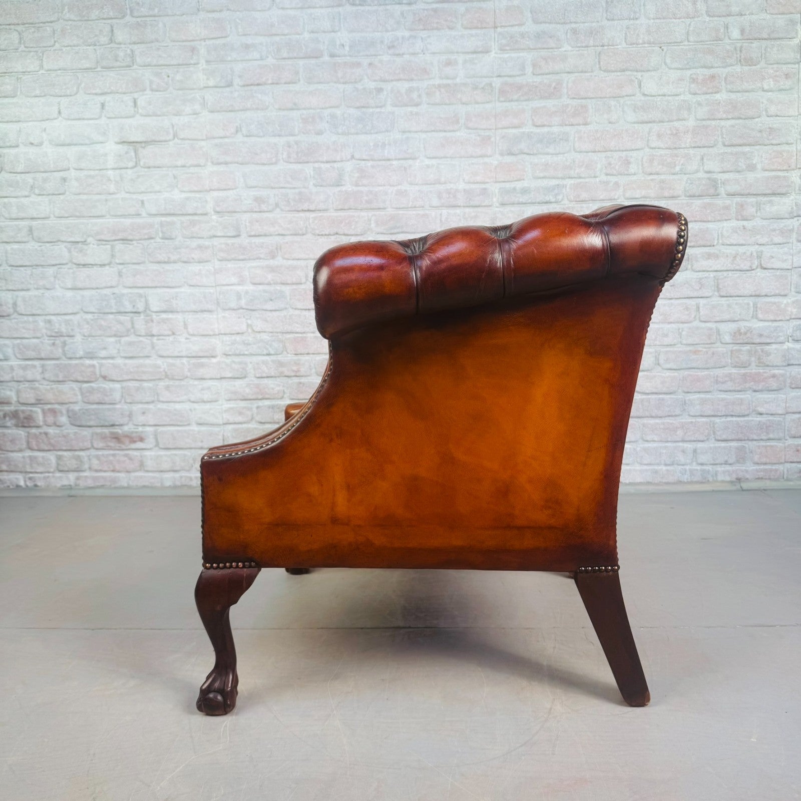 Vintage English Chesterfield Tan Leather Armchair Ball & Claw Mahogany Chair