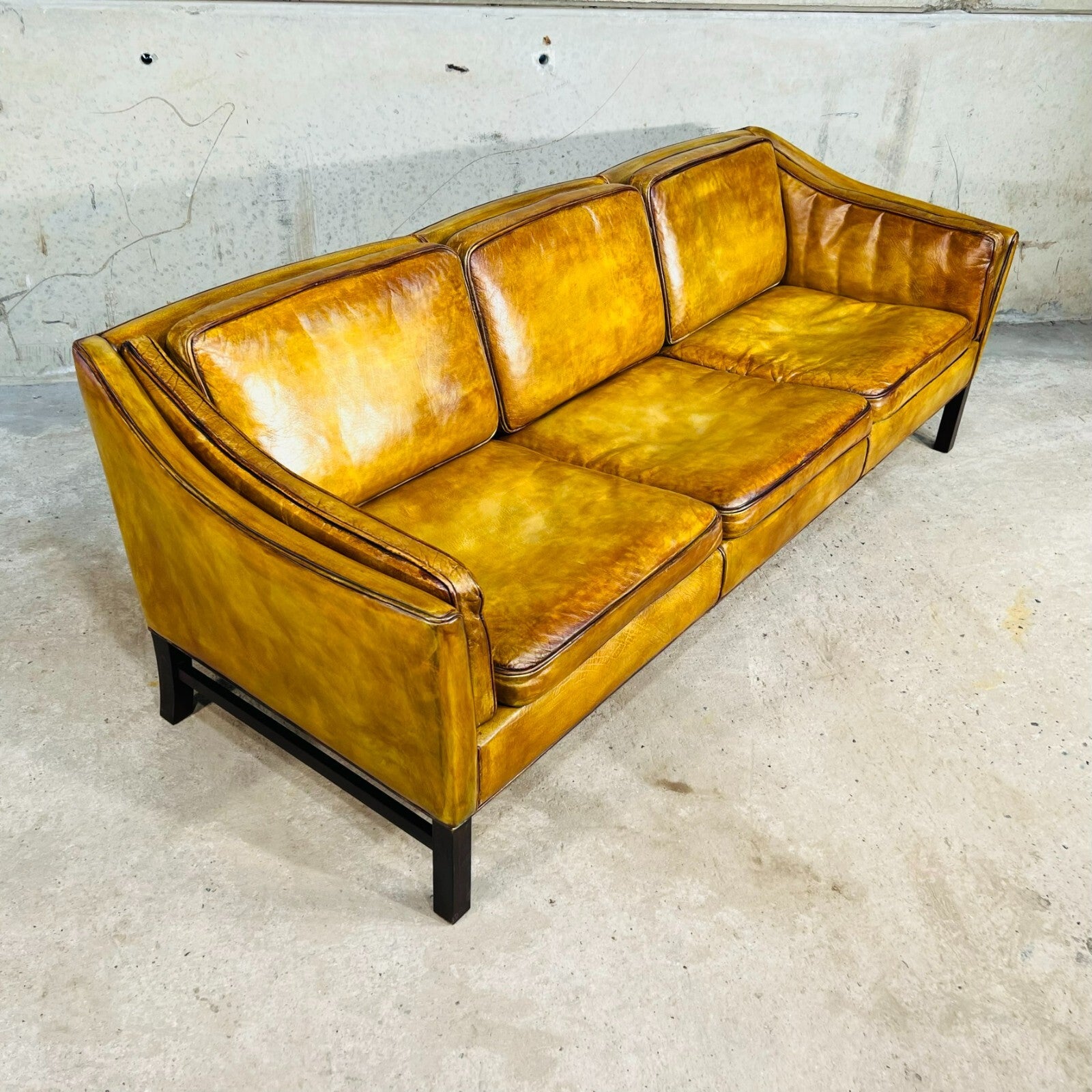 Vintage 1970s Danish Erik Jorgensen Patinated Light Tan Three-Seater Leather Sofa