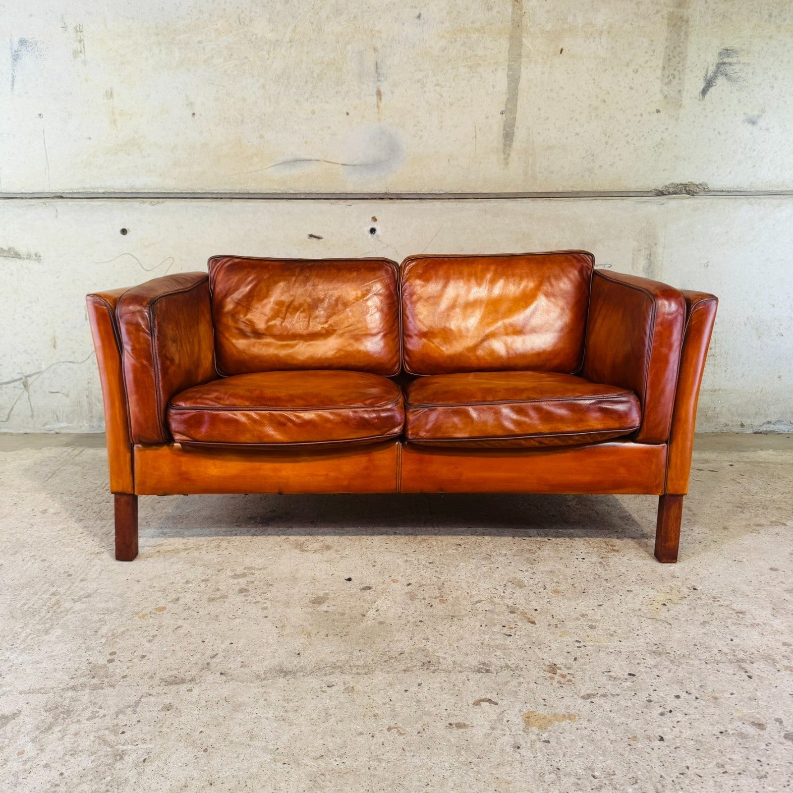 Danish Light Tan Leather 2 Seater Sofa — Elegant Lines