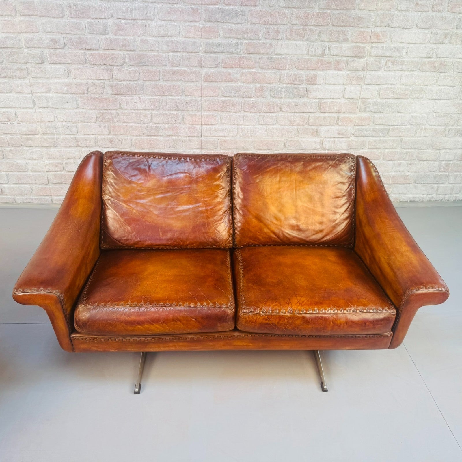 Vintage 60s Aage Christiansen "Matador" Tan Leather 2 Seater Sofa & Chair