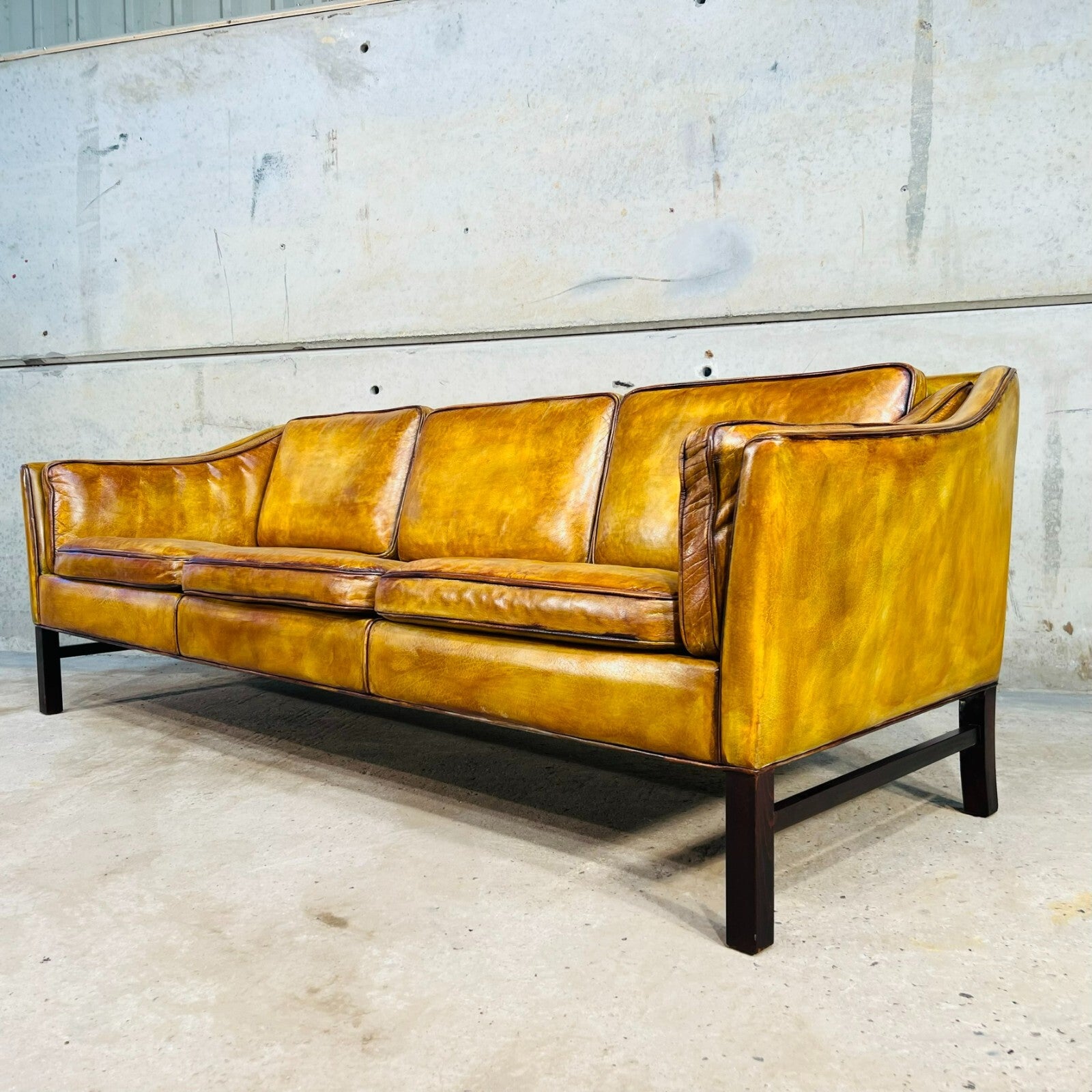Vintage 1970s Danish Erik Jorgensen Patinated Light Tan Three-Seater Leather Sofa