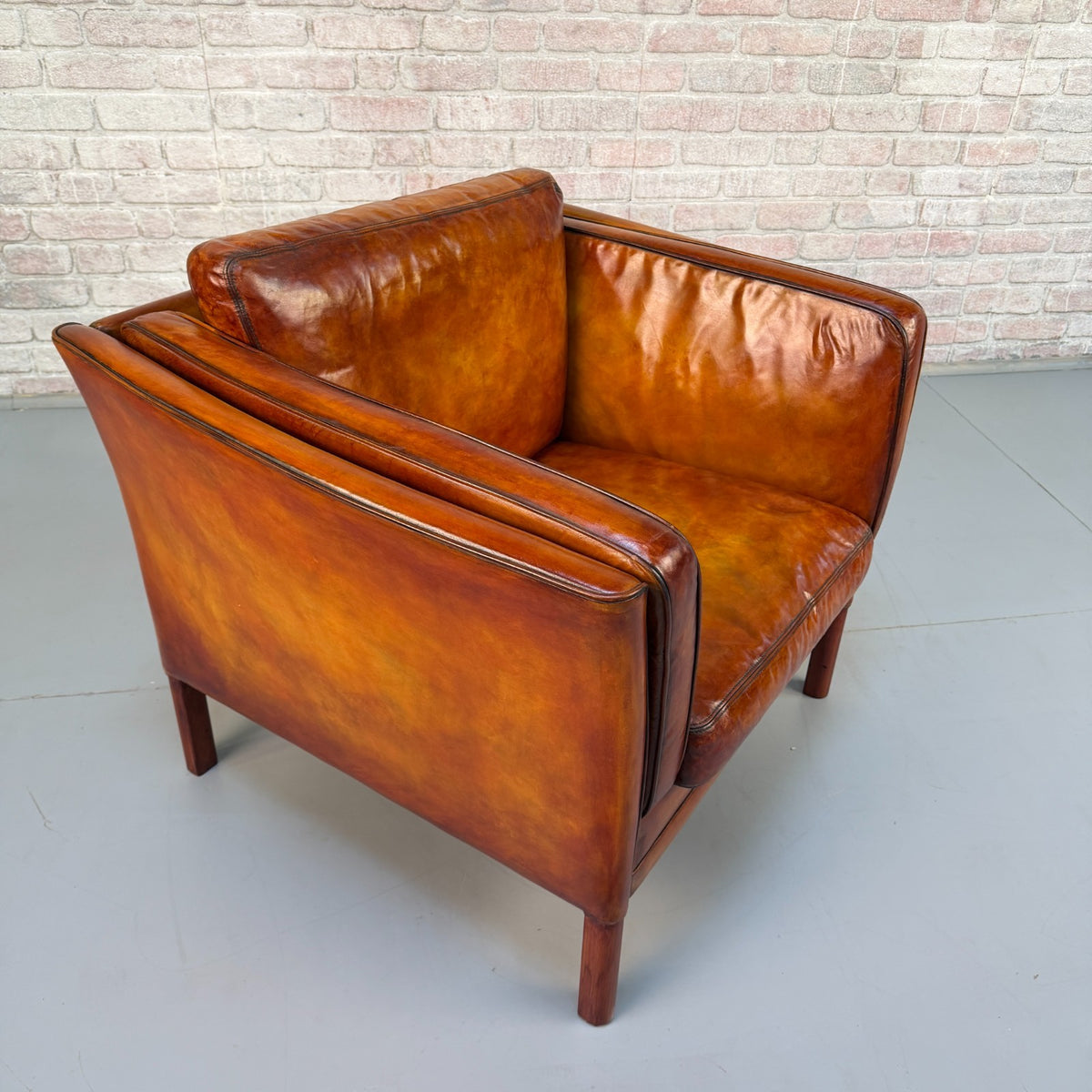 Vintage Danish Tan Leather Armchair – Hand Dyed Beautiful Patina