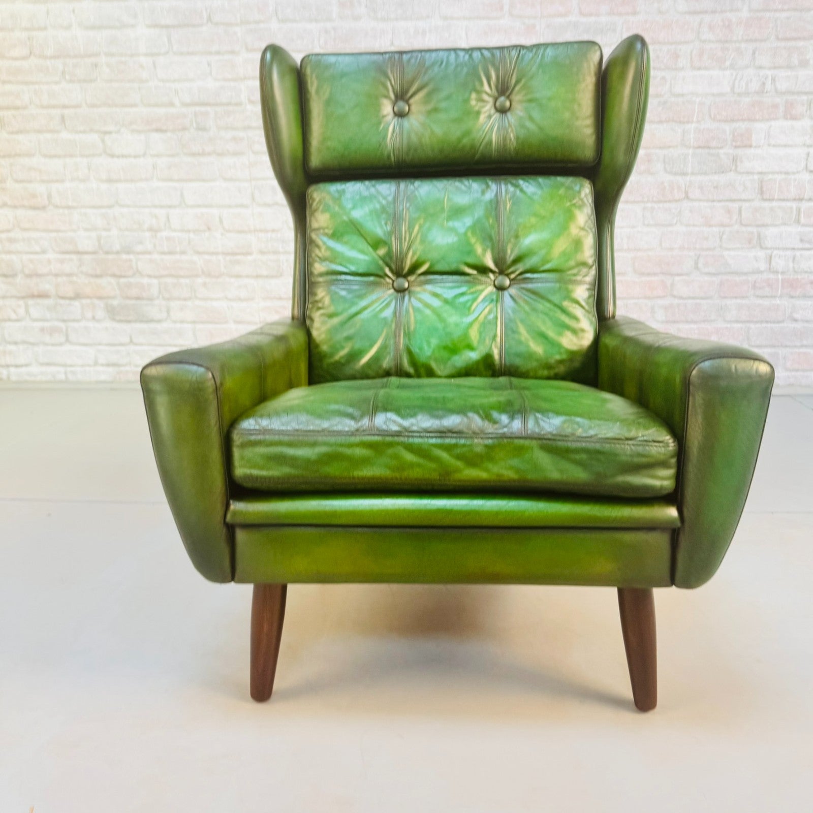 Vintage 1970s Svend Skippers High Back Green Leather Armchair