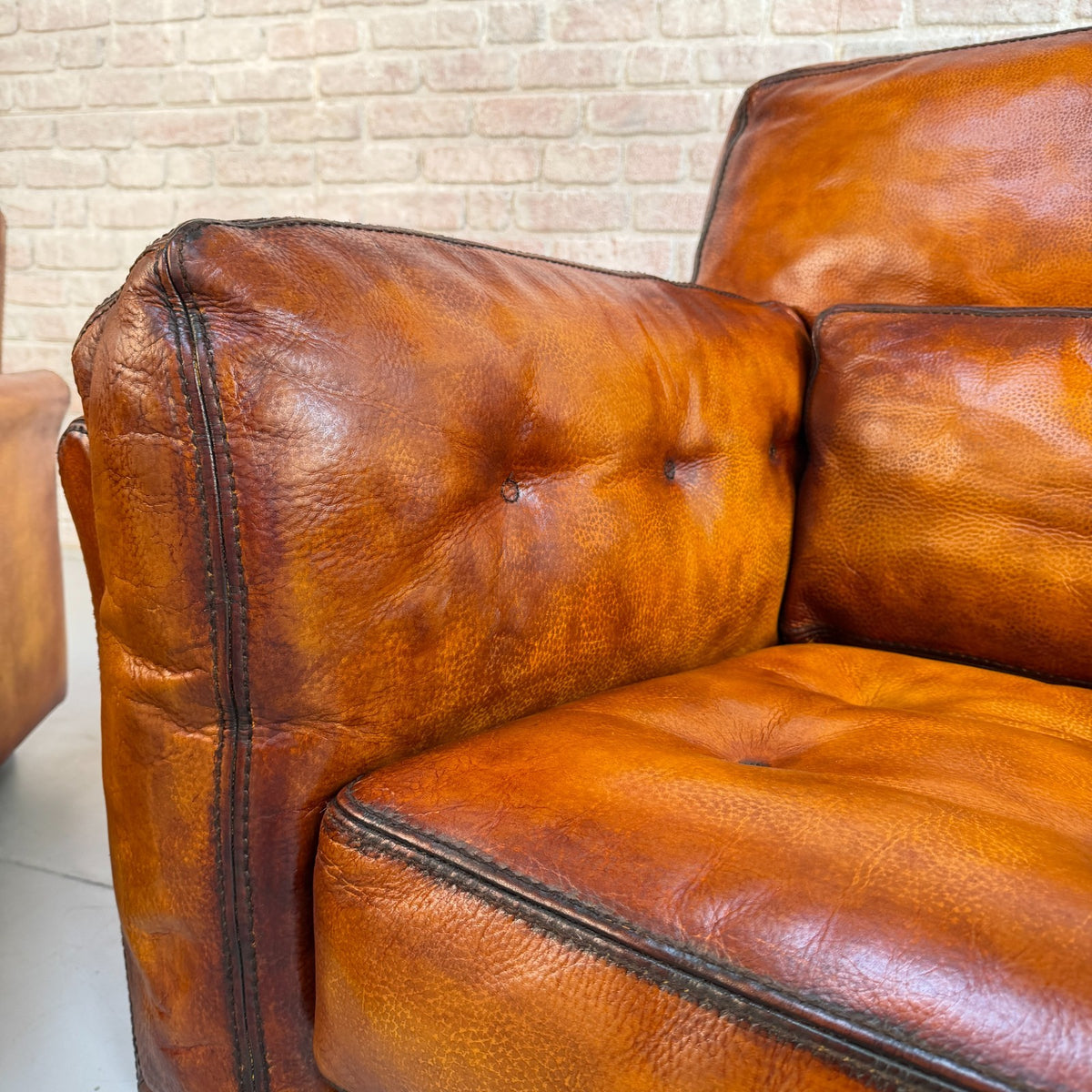 Huge Pair Vintage Roche Bobois Hand Dyed Tan Leather Armchairs