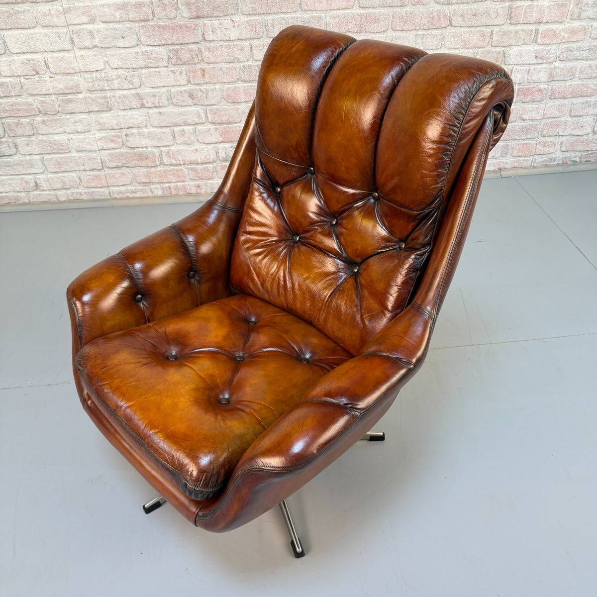 Vintage Danish Tan Leather Swivel Armchair – Hand Dyed Beautiful Patina