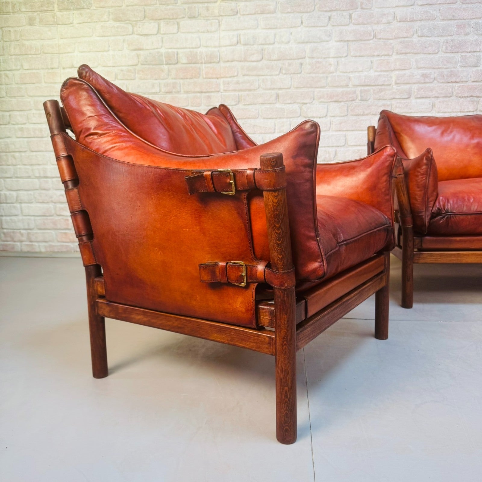 Vintage Swedish 60s Arne Norell “Ilona” Tan Leather Sofa & Pair of Safari Chairs