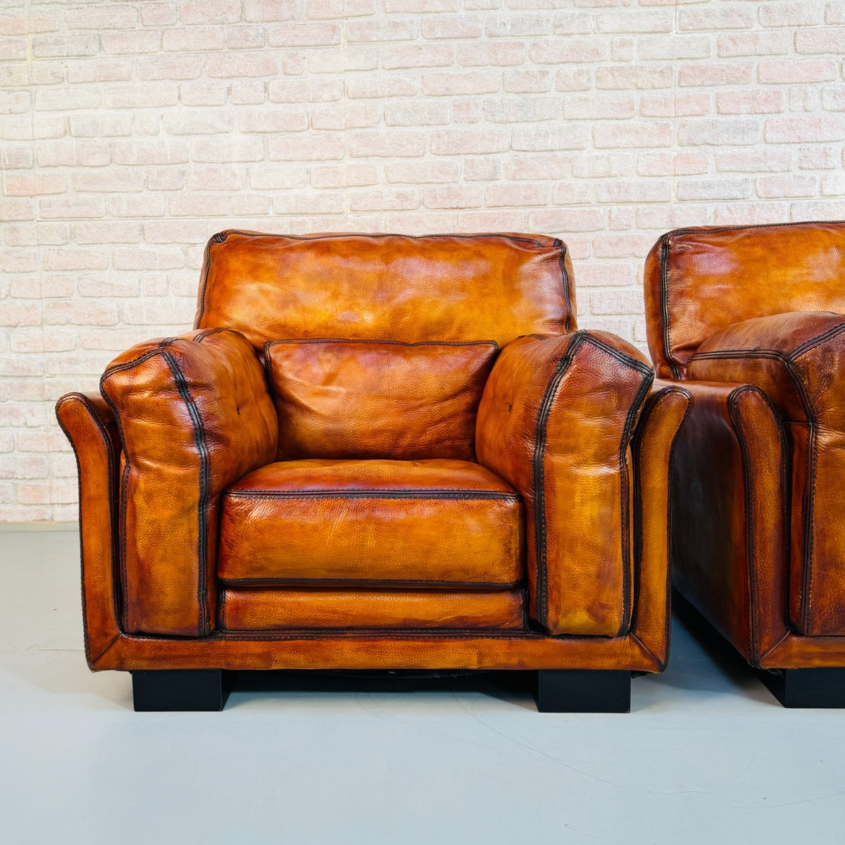 Huge Pair Vintage Roche Bobois Hand Dyed Tan Leather Armchairs