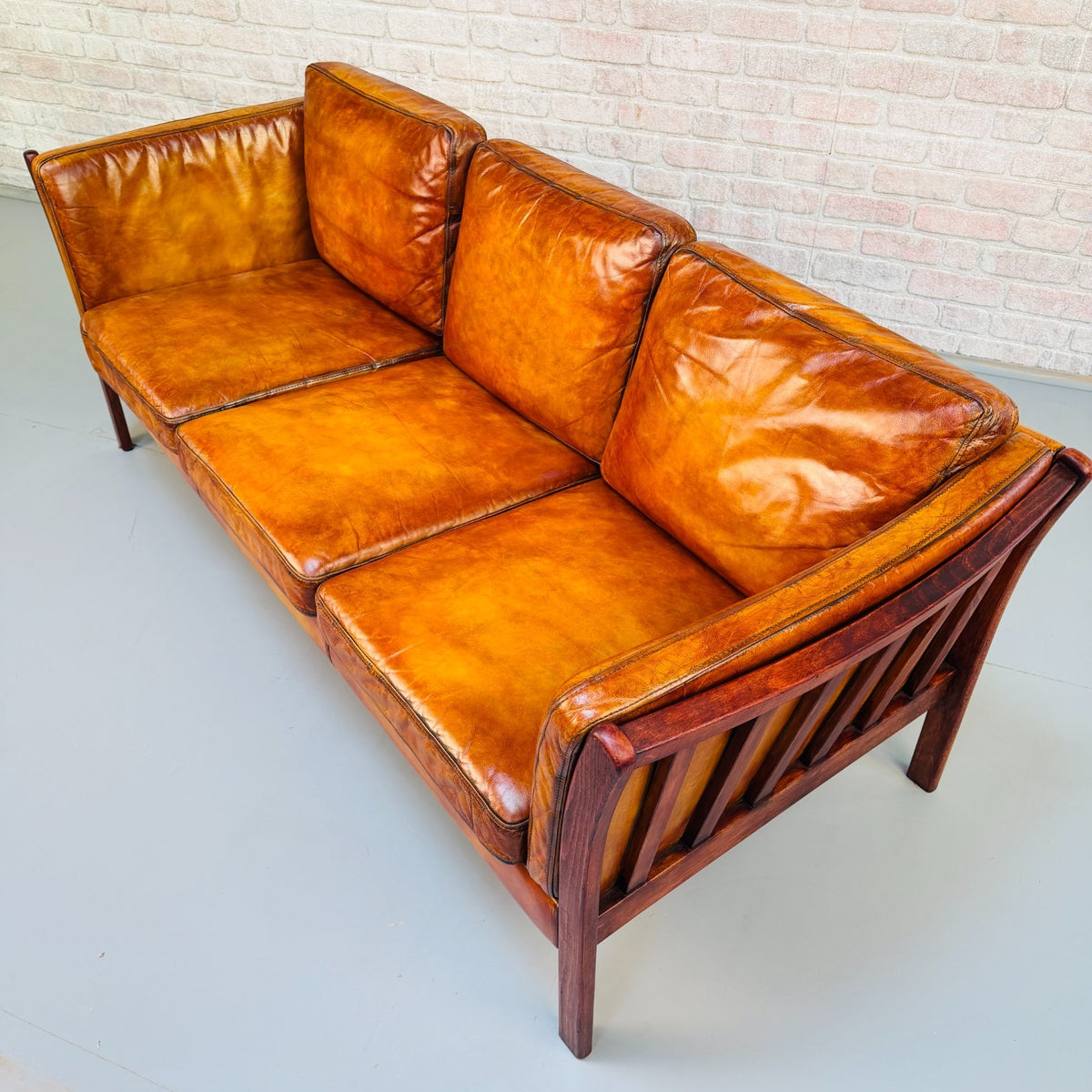 Vintage Danish Tan Leather 3 Seater Sofa – Hand Dyed Beautiful Patina