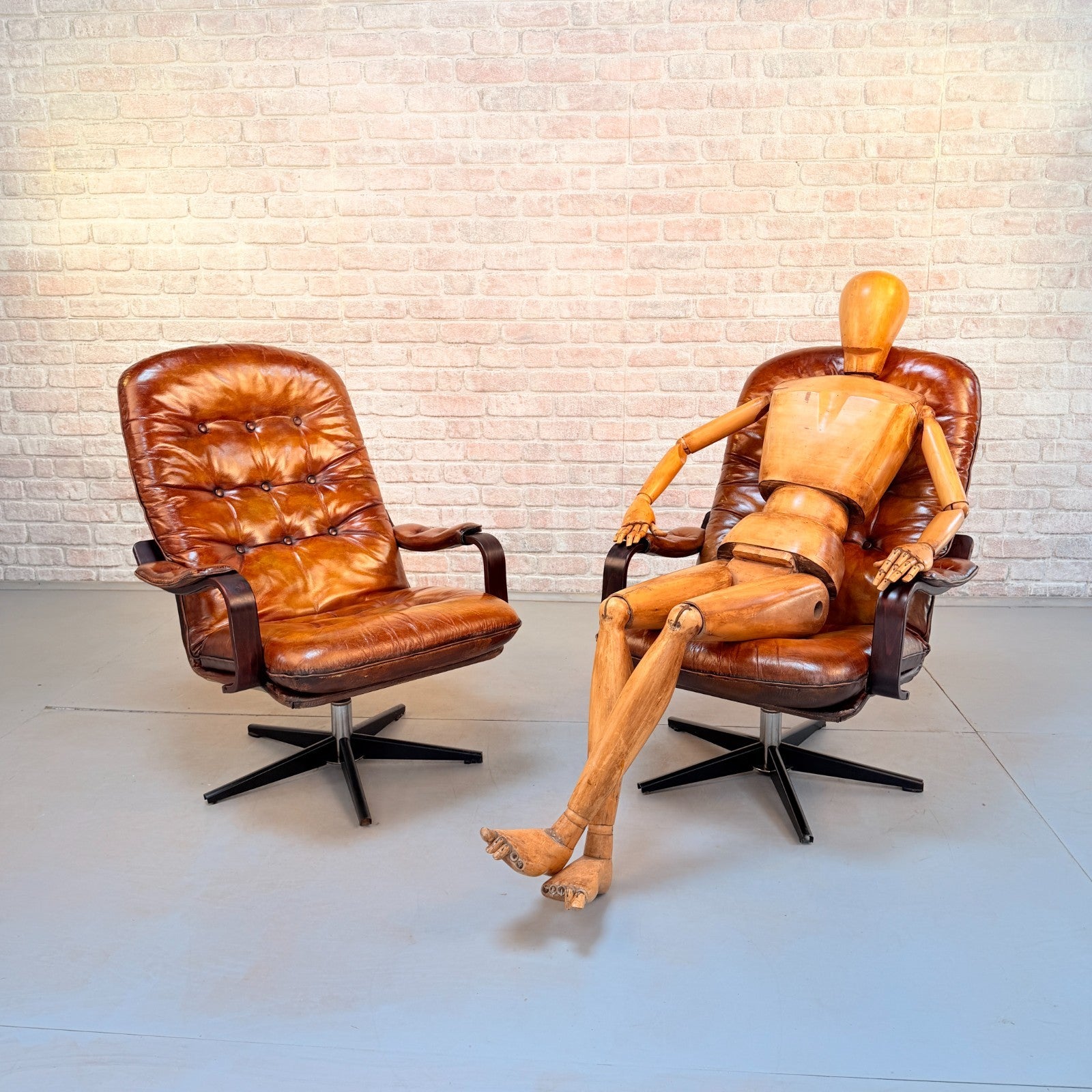 Vintage Pair Danish Tan Leather Swivel Chairs Hand Dyed Cognac Patina