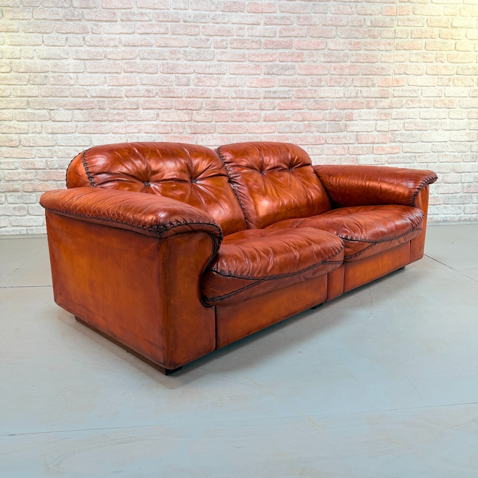 Vintage 70s De Sede DS-101 Two Seater Sofa & Footstool Cognac Leather Switzerlan