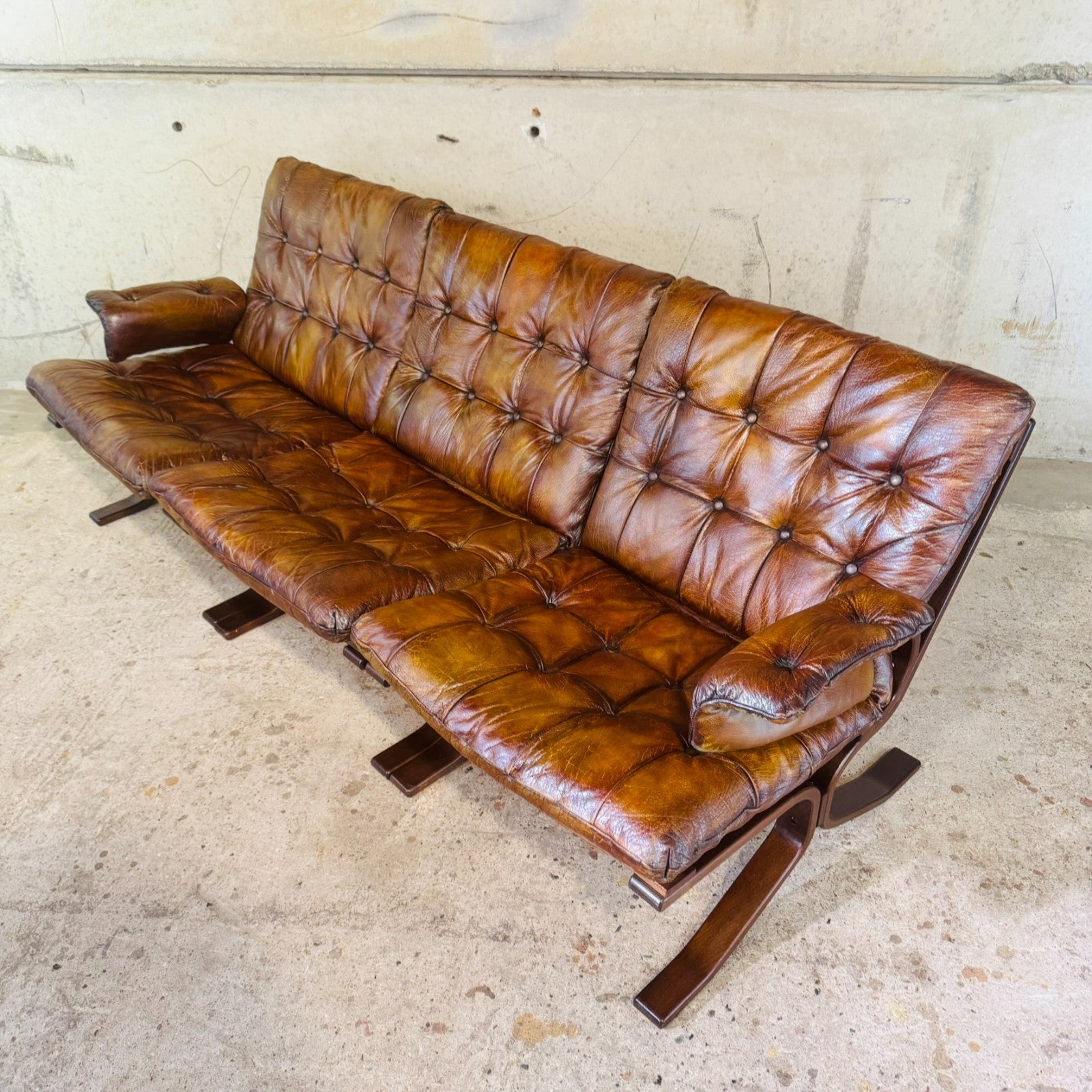 1970s Norwegian Tan Leather Three-Seater Sofa — Rustic Bentwood Frame
