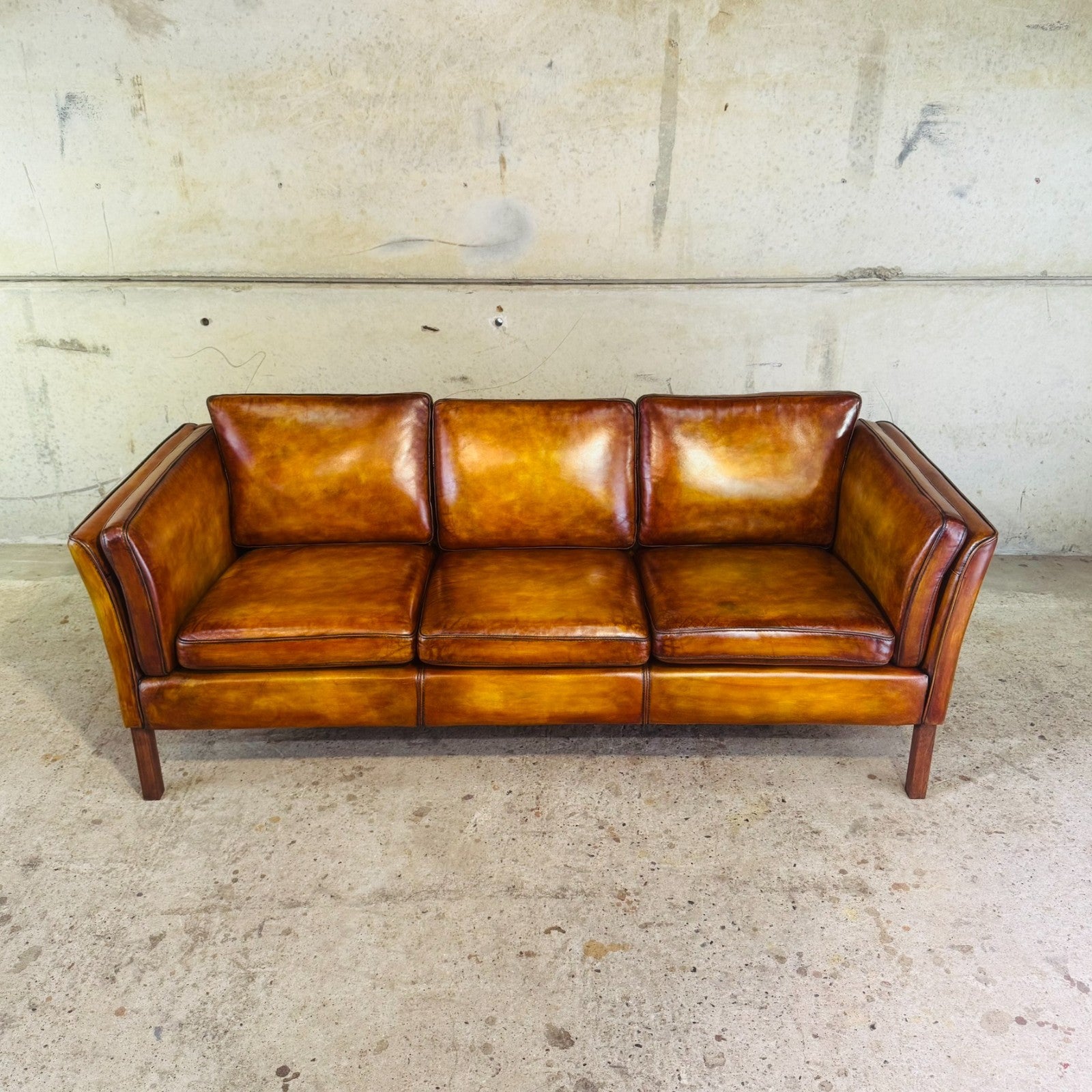 Vintage Danish Light Tan Leather Three-Seater Sofa