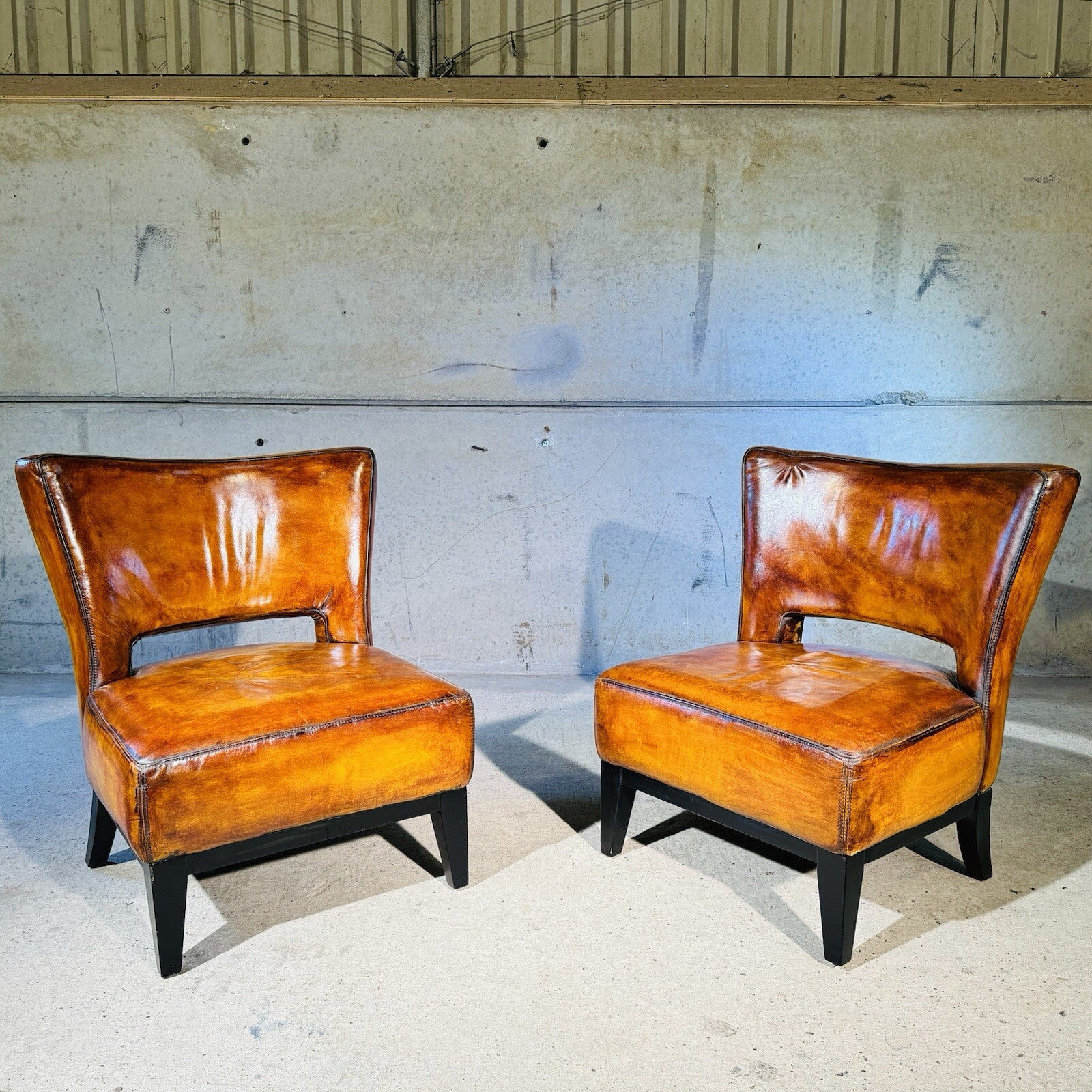 Pair of Vintage Andrew Martin Oversized Leather Chairs Hand-Dyed Light Tan