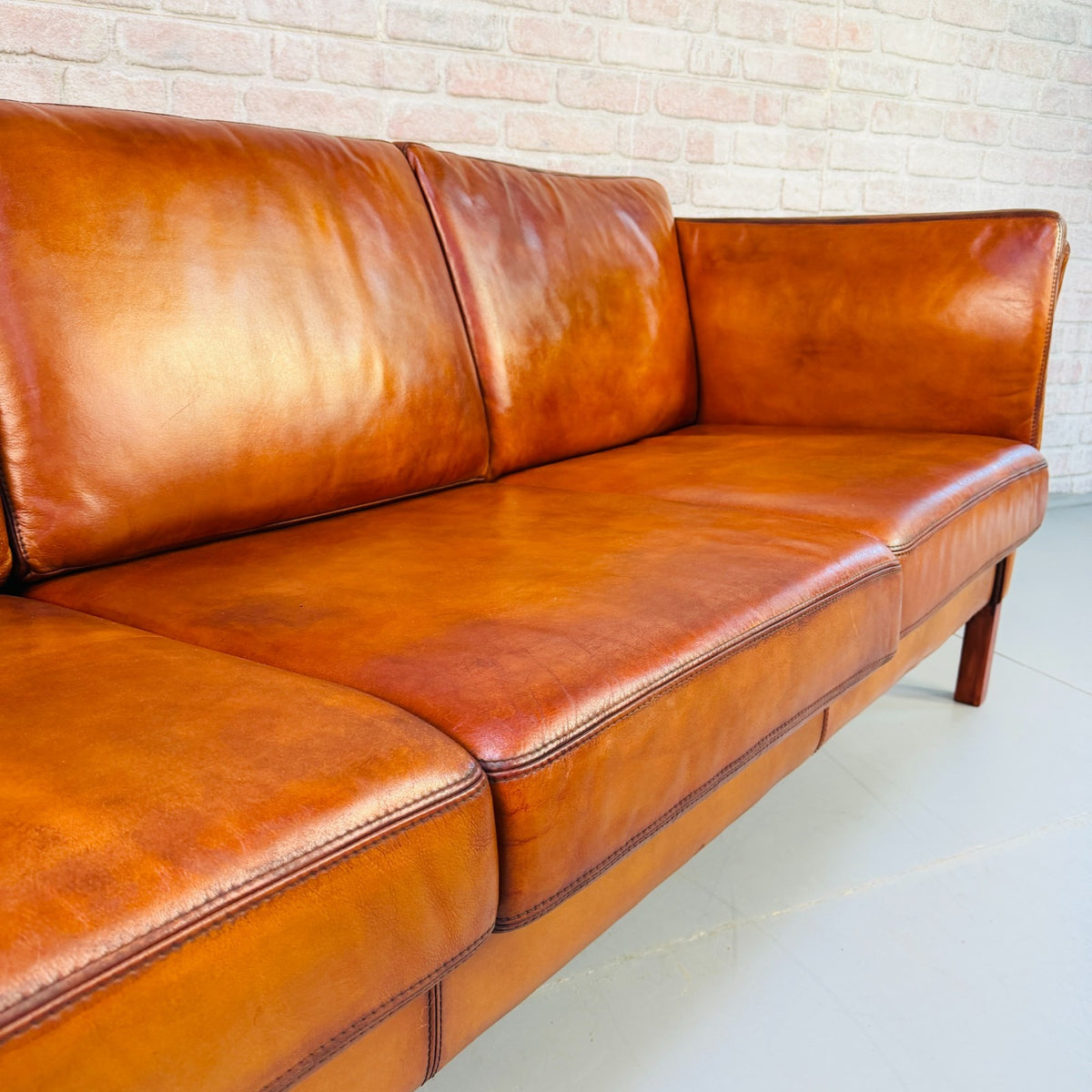 Vintage Danish Tan Leather 3 Seater Sofa – Hand Dyed Beautiful Patina