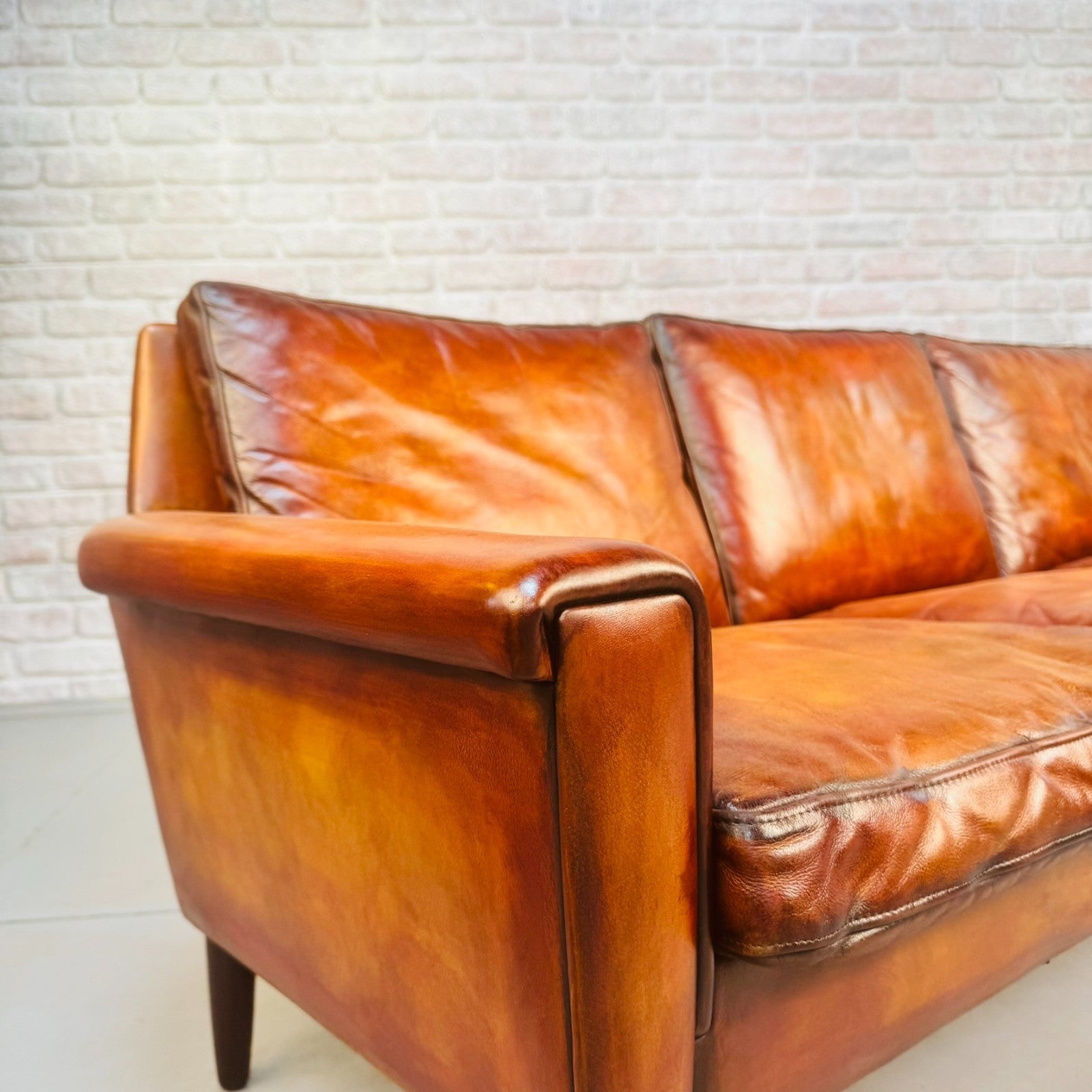Vintage 1970s Georg Thams Danish Tan Leather Three Seater Sofa