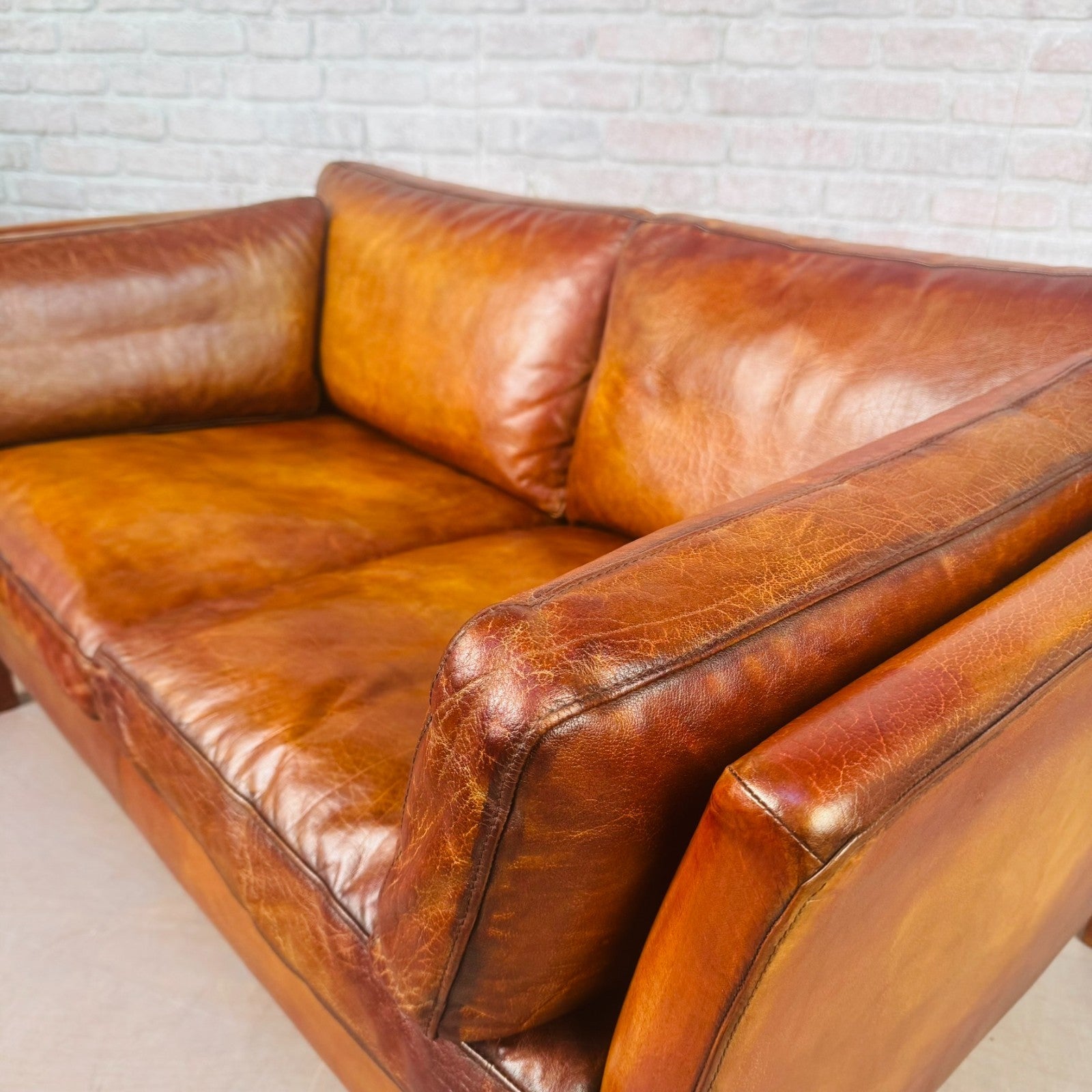 Vintage Stouby Tan Two-Seater Sofa Danish Buffalo Leather Feather Cushions
