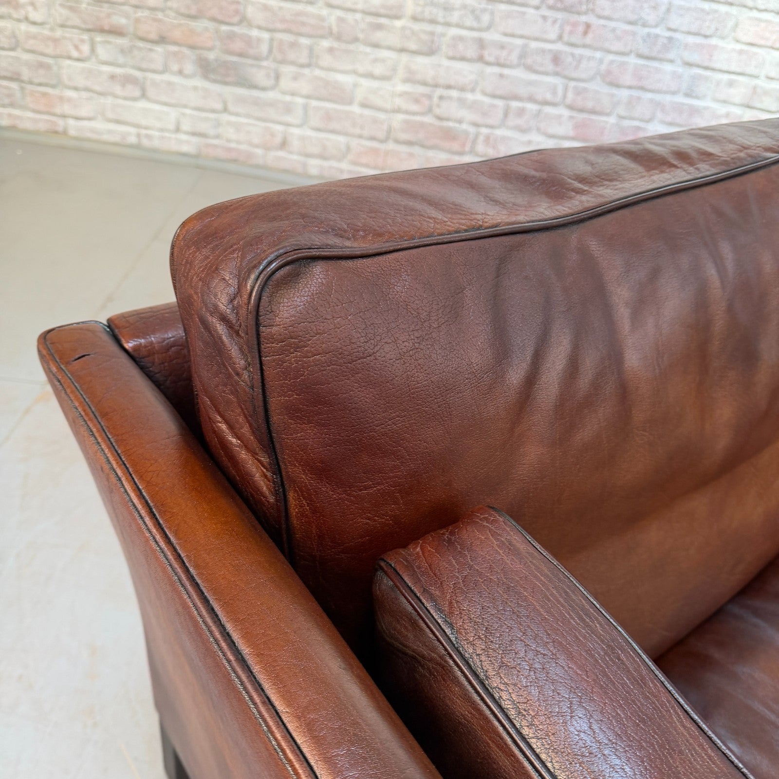 Vintage 1970s Danish Dark Tan Hand-Dyed Leather Two Seater Sofa