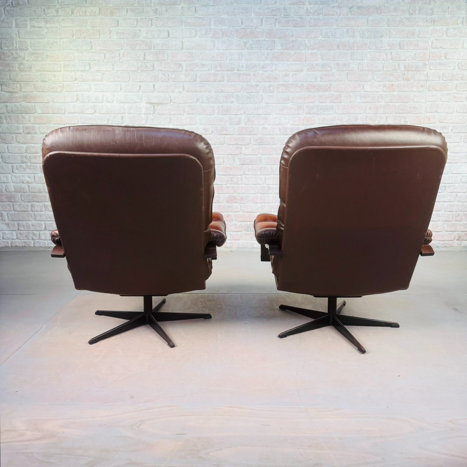 Pair of Vintage Danish Tan Leather Swivel Chairs  Stylish
