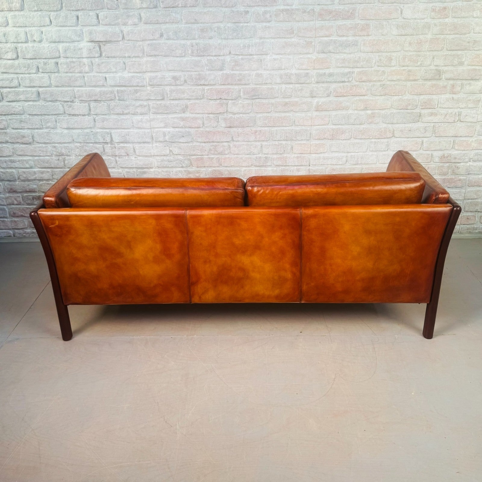 Vintage Danish 2.5 Seater Cognac Leather Sofa Beech Frame Mid Century