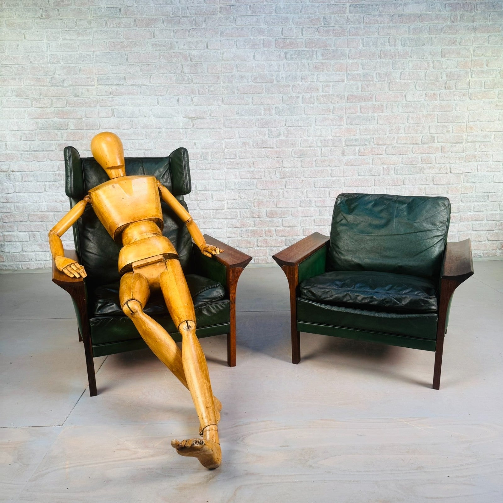1960s Danish Green Leather Three-Seater Sofa & His & Hers Armchairs Golstrup