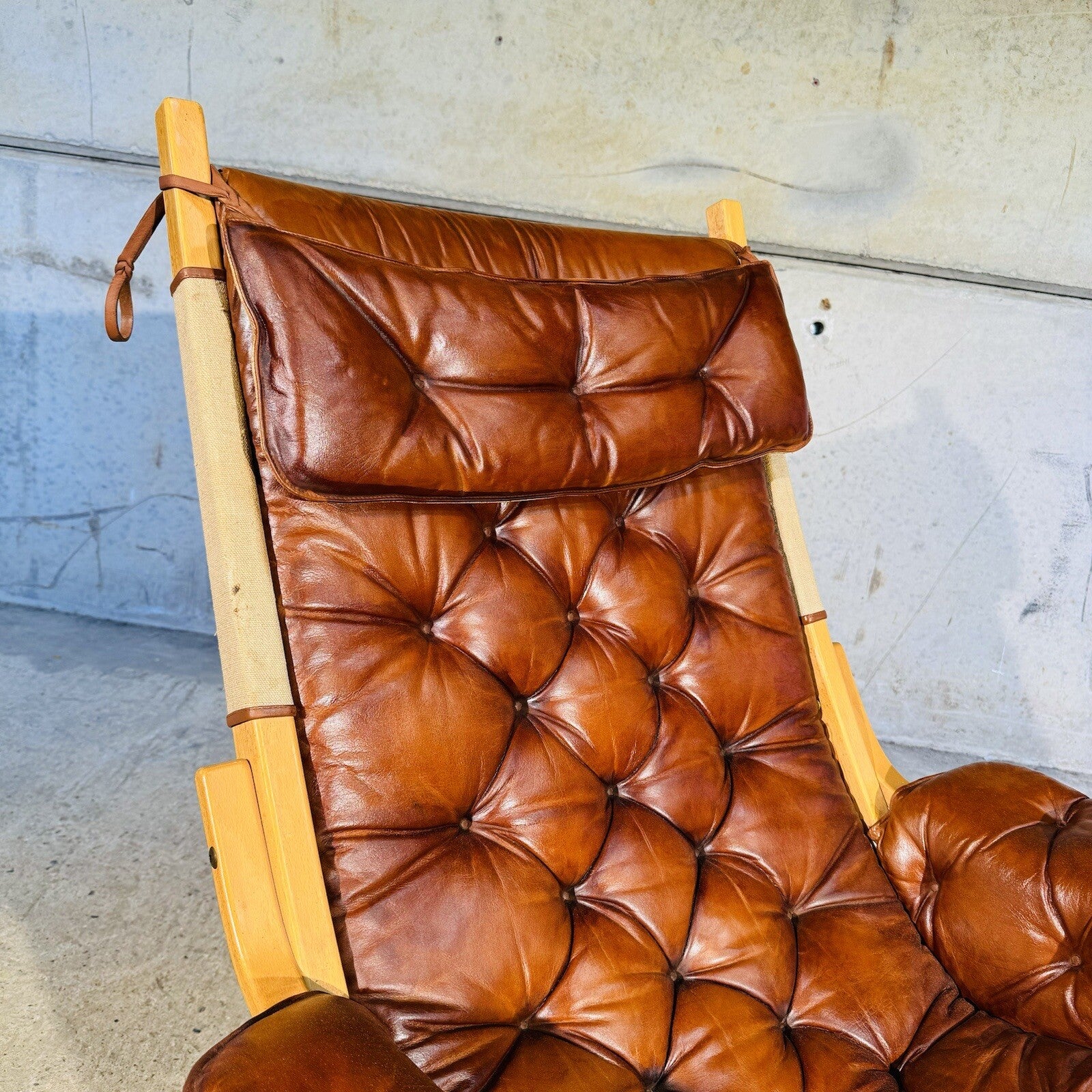 Stylish Swedish 1970s Tan Leather And Canvas Armchair and Footstool